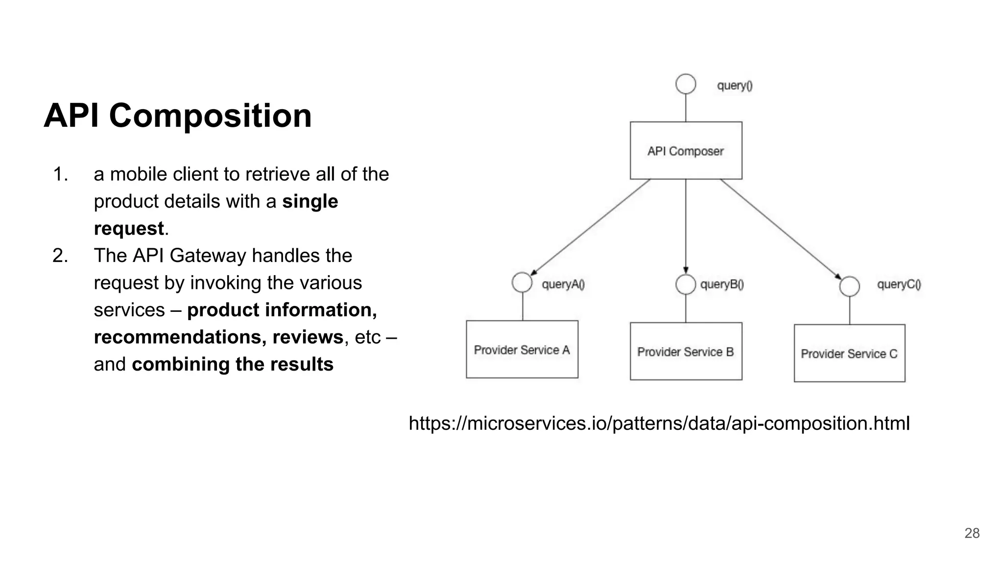 API Composition https://microservices.io/patterns/data/api-composition.html 28 1. a mobile client to retrieve all of the product details with a single request. 2. The API Gateway handles the request by invoking the various services – product information, recommendations, reviews, etc – and combining the results 