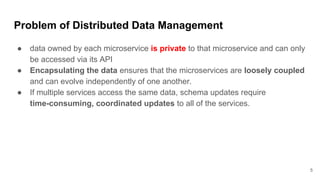 Problem of Distributed Data Management
● data owned by each microservice is private to that microservice and can only
be accessed via its API
● Encapsulating the data ensures that the microservices are loosely coupled
and can evolve independently of one another.
● If multiple services access the same data, schema updates require
time-consuming, coordinated updates to all of the services.
5
 