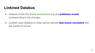 Linkined Databus
43
● Databus mines the Oracle transaction log and publishes events
corresponding to the changes.
● LinkedIn uses Databus to keep various derived data stores consistent with
the system of record.
 