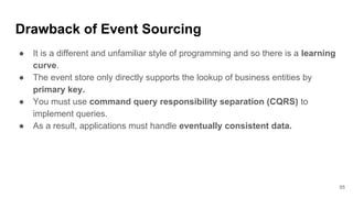Drawback of Event Sourcing
● It is a different and unfamiliar style of programming and so there is a learning
curve.
● The event store only directly supports the lookup of business entities by
primary key.
● You must use command query responsibility separation (CQRS) to
implement queries.
● As a result, applications must handle eventually consistent data.
55
 
