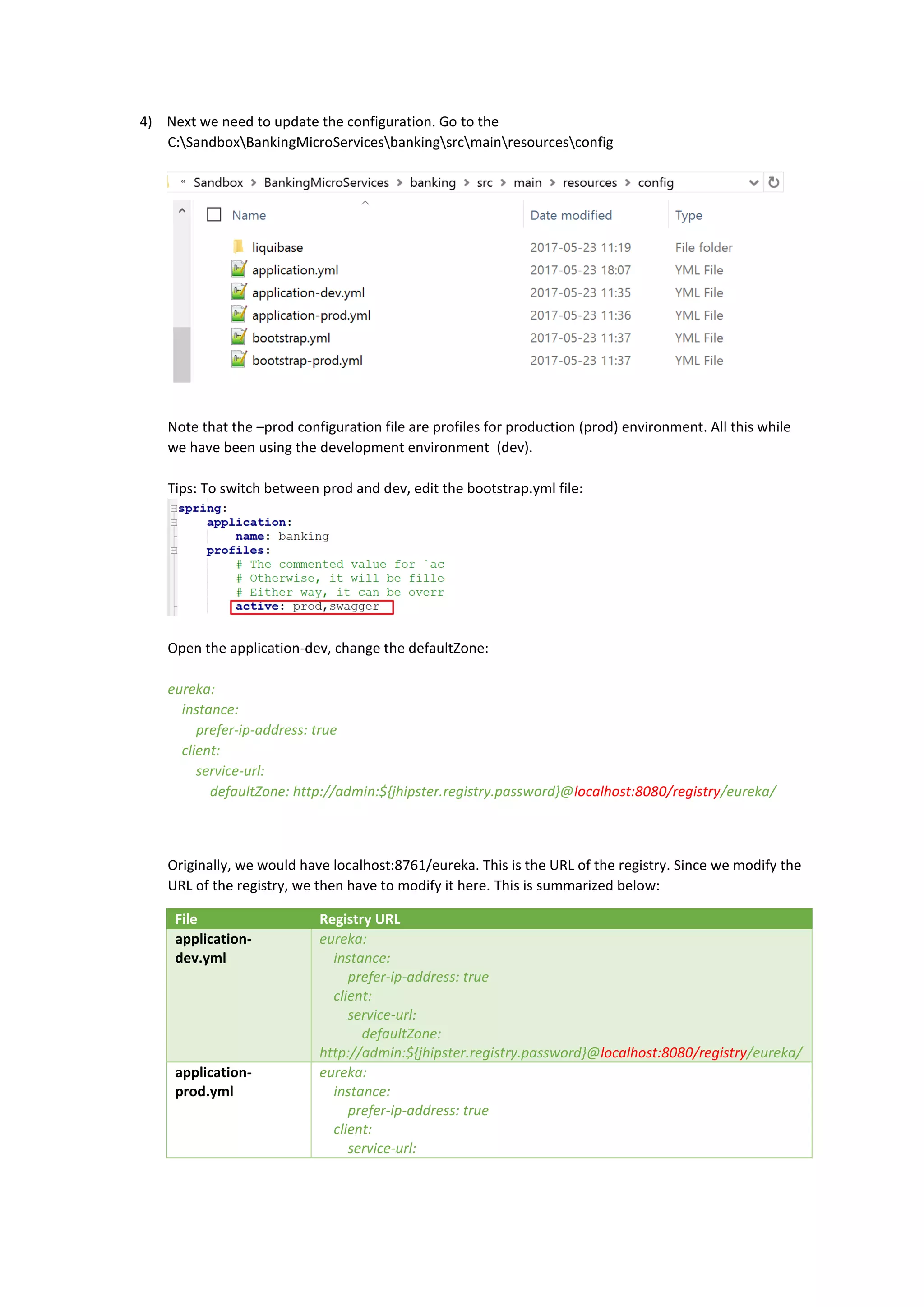 4) Next we need to update the configuration. Go to the
C:SandboxBankingMicroServicesbankingsrcmainresourcesconfig
Note that the –prod configuration file are profiles for production (prod) environment. All this while
we have been using the development environment (dev).
Tips: To switch between prod and dev, edit the bootstrap.yml file:
Open the application-dev, change the defaultZone:
eureka:
instance:
prefer-ip-address: true
client:
service-url:
defaultZone: http://admin:${jhipster.registry.password}@localhost:8080/registry/eureka/
Originally, we would have localhost:8761/eureka. This is the URL of the registry. Since we modify the
URL of the registry, we then have to modify it here. This is summarized below:
File Registry URL
application-
dev.yml
eureka:
instance:
prefer-ip-address: true
client:
service-url:
defaultZone:
http://admin:${jhipster.registry.password}@localhost:8080/registry/eureka/
application-
prod.yml
eureka:
instance:
prefer-ip-address: true
client:
service-url:
 