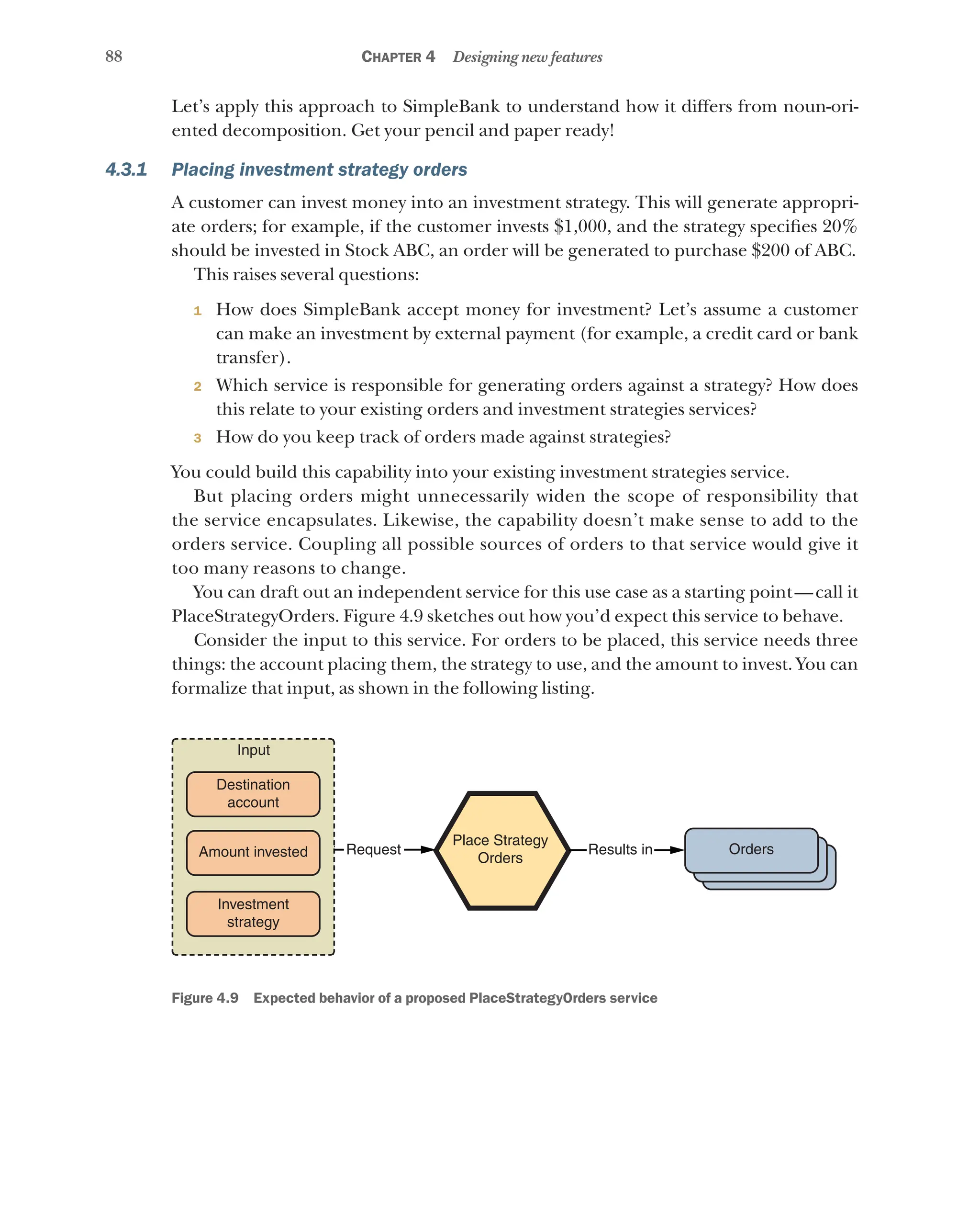 88 Chapter 4 Designing new features
Let’s apply this approach to SimpleBank to understand how it differs from noun-ori-
ented decomposition. Get your pencil and paper ready!
4.3.1 Placing investment strategy orders
A customer can invest money into an investment strategy. This will generate appropri-
ate orders; for example, if the customer invests $1,000, and the strategy specifies 20%
should be invested in Stock ABC, an order will be generated to purchase $200 of ABC.
This raises several questions:
1 How does SimpleBank accept money for investment? Let’s assume a customer
can make an investment by external payment (for example, a credit card or bank
transfer).
2 Which service is responsible for generating orders against a strategy? How does
this relate to your existing orders and investment strategies services?
3 How do you keep track of orders made against strategies?
You could build this capability into your existing investment strategies service.
But placing orders might unnecessarily widen the scope of responsibility that
the service encapsulates. Likewise, the capability doesn’t make sense to add to the
orders service. Coupling all possible sources of orders to that service would give it
too many reasons to change.
You can draft out an independent service for this use case as a starting point—call it
PlaceStrategyOrders. Figure 4.9 sketches out how you’d expect this service to behave.
Consider the input to this service. For orders to be placed, this service needs three
things: the account placing them, the strategy to use, and the amount to invest. You can
formalize that input, as shown in the following listing.
Orders
Place Strategy
Orders
Input
Amount invested
Destination
account
Investment
strategy
Results in
Request
Figure 4.9   Expected behavior of a proposed PlaceStrategyOrders service
 