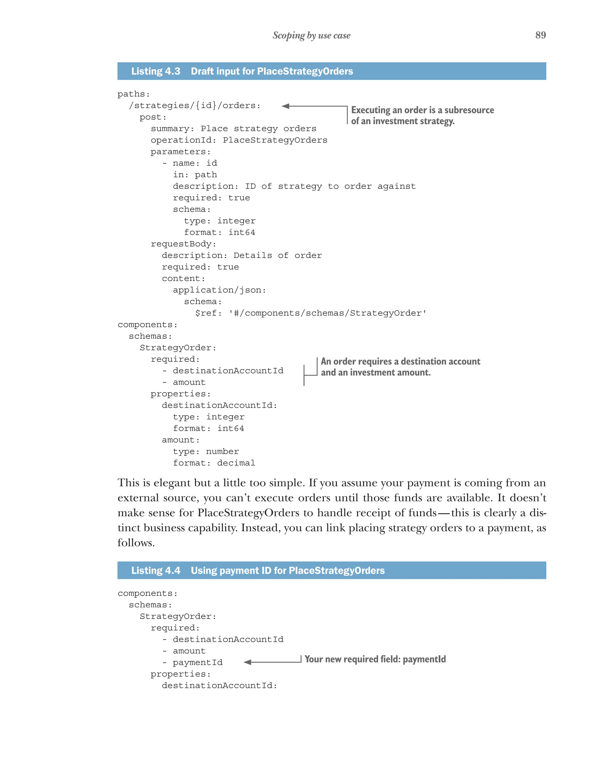 89
Scoping by use case
Listing 4.3   Draft input for PlaceStrategyOrders
paths:
/strategies/{id}/orders:
post:
summary: Place strategy orders
operationId: PlaceStrategyOrders
parameters:
- name: id
in: path
description: ID of strategy to order against
required: true
schema:
type: integer
format: int64
requestBody:
description: Details of order
required: true
content:
application/json:
schema:
$ref: '#/components/schemas/StrategyOrder'
components:
schemas:
StrategyOrder:
required:
- destinationAccountId
- amount
properties:
destinationAccountId:
type: integer
format: int64
amount:
type: number
format: decimal
This is elegant but a little too simple. If you assume your payment is coming from an
external source, you can’t execute orders until those funds are available. It doesn’t
make sense for PlaceStrategyOrders to handle receipt of funds—this is clearly a dis-
tinct business capability. Instead, you can link placing strategy orders to a payment, as
follows.
Listing 4.4   Using payment ID for PlaceStrategyOrders
components:
schemas:
StrategyOrder:
required:
- destinationAccountId
- amount
- paymentId
properties:
destinationAccountId:
Executing an order is a subresource
of an investment strategy.
An order requires a destination account
and an investment amount.
Your new required field: paymentId
 