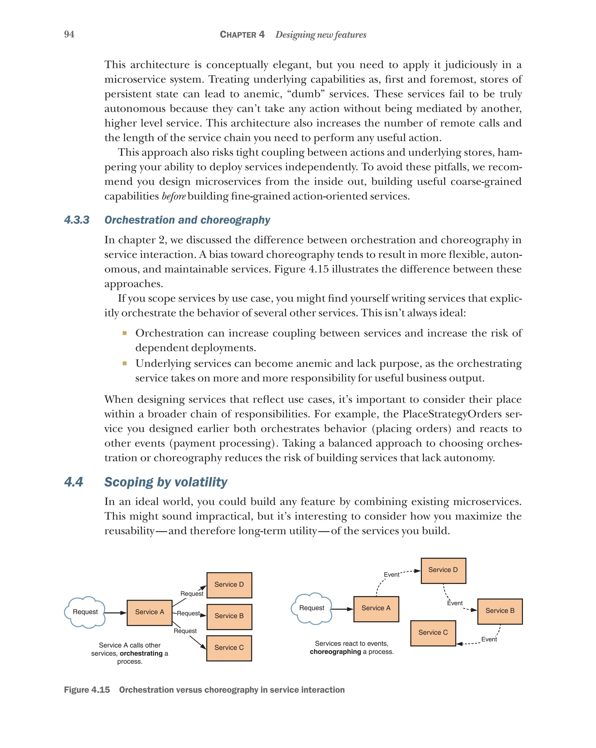 94 Chapter 4 Designing new features
This architecture is conceptually elegant, but you need to apply it judiciously in a
microservice system. Treating underlying capabilities as, first and foremost, stores of
persistent state can lead to anemic, “dumb” services. These services fail to be truly
autonomous because they can’t take any action without being mediated by another,
higher level service. This architecture also increases the number of remote calls and
the length of the service chain you need to perform any useful action.
This approach also risks tight coupling between actions and underlying stores, ham-
pering your ability to deploy services independently. To avoid these pitfalls, we recom-
mend you design microservices from the inside out, building useful coarse-grained
capabilities before building fine-grained action-oriented services.
4.3.3 Orchestration and choreography
In chapter 2, we discussed the difference between orchestration and choreography in
service interaction. A bias toward choreography tends to result in more flexible, auton-
omous, and maintainable services. Figure 4.15 illustrates the difference between these
approaches.
If you scope services by use case, you might find yourself writing services that explic-
itly orchestrate the behavior of several other services. This isn’t always ideal:
¡ Orchestration can increase coupling between services and increase the risk of
dependent deployments.
¡ Underlying services can become anemic and lack purpose, as the orchestrating
service takes on more and more responsibility for useful business output.
When designing services that reflect use cases, it’s important to consider their place
within a broader chain of responsibilities. For example, the PlaceStrategyOrders ser-
vice you designed earlier both orchestrates behavior (placing orders) and reacts to
other events (payment processing). Taking a balanced approach to choosing orches-
tration or choreography reduces the risk of building services that lack autonomy.
4.4 Scoping by volatility
In an ideal world, you could build any feature by combining existing microservices.
This might sound impractical, but it’s interesting to consider how you maximize the
reusability—and therefore long-term utility—of the services you build.
Services react to events,
choreographing a process.
Request Service A
Service D
Service B
Service C
Service C
Request Service A
Service D
Service B
Event
Event
Event
Request
Request
Request
Service A calls other
services, orchestrating a
process.
Figure 4.15   Orchestration versus choreography in service interaction
 
