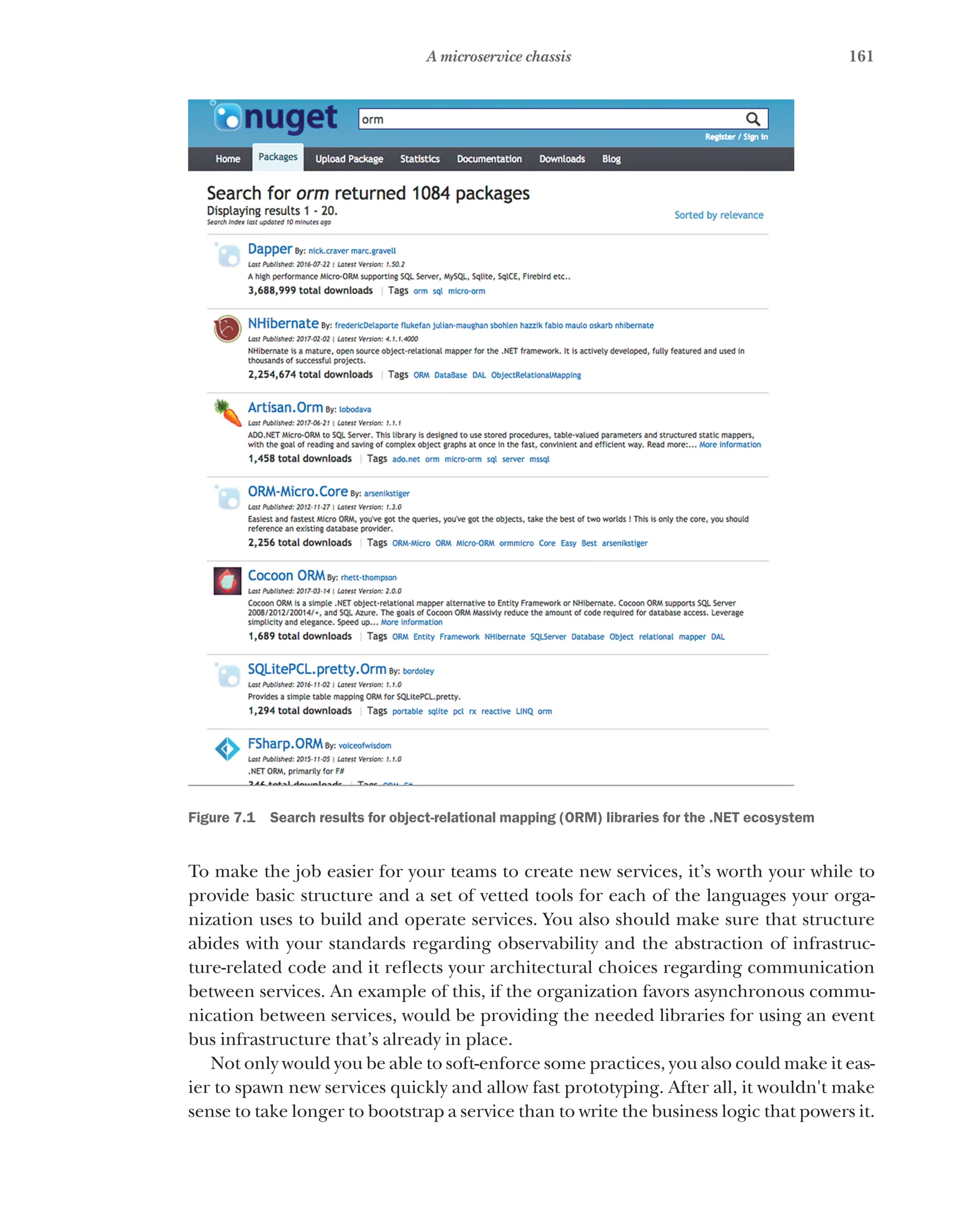 161
A microservice chassis
Figure 7.1   Search results for object-relational mapping (ORM) libraries for the .NET ecosystem
To make the job easier for your teams to create new services, it’s worth your while to
provide basic structure and a set of vetted tools for each of the languages your orga-
nization uses to build and operate services. You also should make sure that structure
abides with your standards regarding observability and the abstraction of infrastruc-
ture-related code and it reflects your architectural choices regarding communication
between services. An example of this, if the organization favors asynchronous commu-
nication between services, would be providing the needed libraries for using an event
bus infrastructure that’s already in place.
Not only would you be able to soft-enforce some practices, you also could make it eas-
ier to spawn new services quickly and allow fast prototyping. After all, it wouldn't make
sense to take longer to bootstrap a service than to write the business logic that powers it.
 