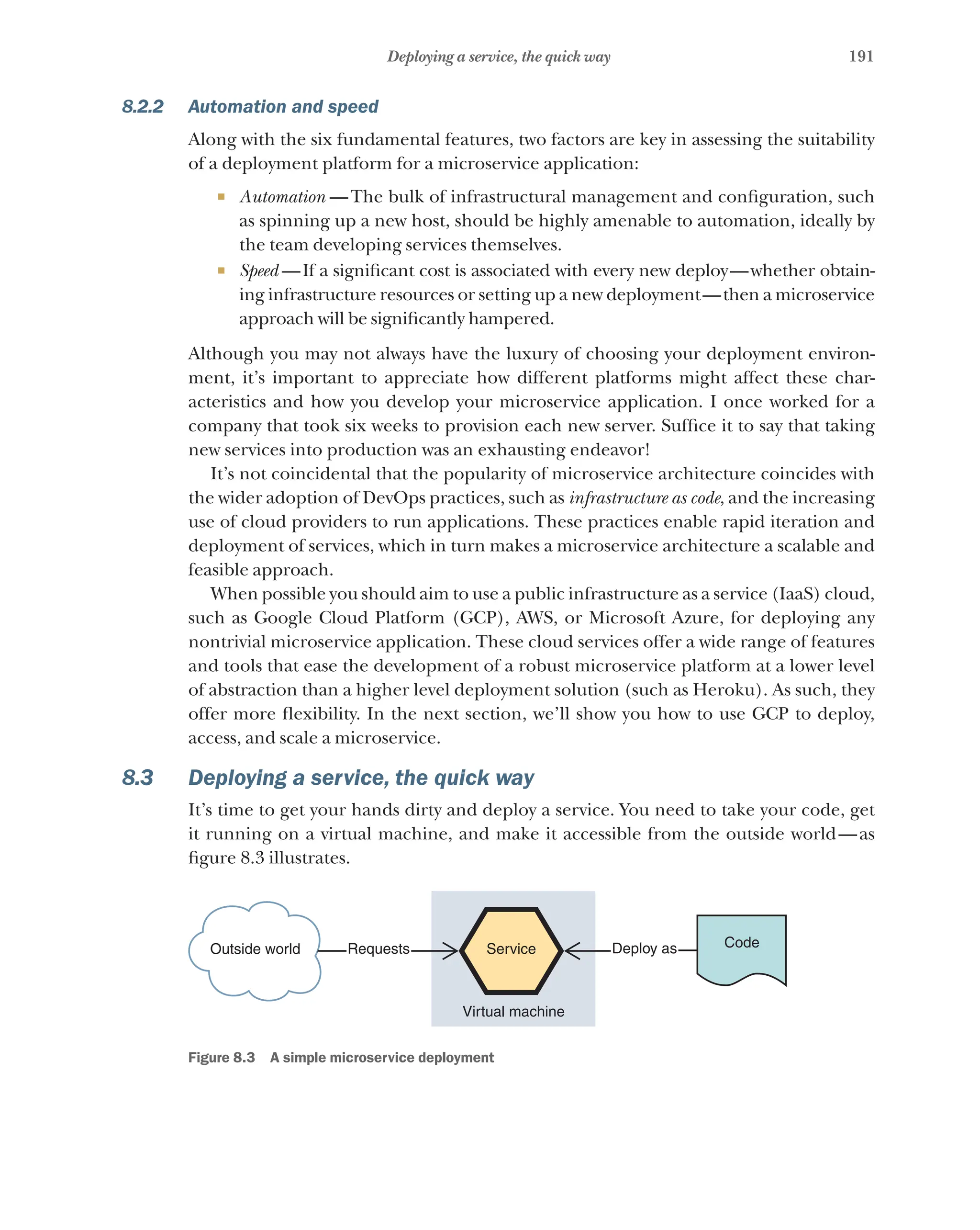 191
Deploying a service, the quick way
8.2.2 Automation and speed
Along with the six fundamental features, two factors are key in assessing the suitability
of a deployment platform for a microservice application:
¡ Automation  —The bulk of infrastructural management and configuration, such
as spinning up a new host, should be highly amenable to automation, ideally by
the team developing services themselves.
¡ Speed  —If a significant cost is associated with every new deploy—whether obtain-
ing infrastructure resources or setting up a new deployment—then a microservice
approach will be significantly hampered.
Although you may not always have the luxury of choosing your deployment environ-
ment, it’s important to appreciate how different platforms might affect these char-
acteristics and how you develop your microservice application. I once worked for a
company that took six weeks to provision each new server. Suffice it to say that taking
new services into production was an exhausting endeavor!
It’s not coincidental that the popularity of microservice architecture coincides with
the wider adoption of DevOps practices, such as infrastructure as code, and the increasing
use of cloud providers to run applications. These practices enable rapid iteration and
deployment of services, which in turn makes a microservice architecture a scalable and
feasible approach.
When possible you should aim to use a public infrastructure as a service (IaaS) cloud,
such as Google Cloud Platform (GCP), AWS, or Microsoft Azure, for deploying any
nontrivial microservice application. These cloud services offer a wide range of features
and tools that ease the development of a robust microservice platform at a lower level
of abstraction than a higher level deployment solution (such as Heroku). As such, they
offer more flexibility. In the next section, we’ll show you how to use GCP to deploy,
access, and scale a microservice.
8.3 Deploying a service, the quick way
It’s time to get your hands dirty and deploy a service. You need to take your code, get
it running on a virtual machine, and make it accessible from the outside world—as
figure 8.3 illustrates.
Virtual machine
Outside world Requests Service Deploy as Code
Figure 8.3   A simple microservice deployment
 