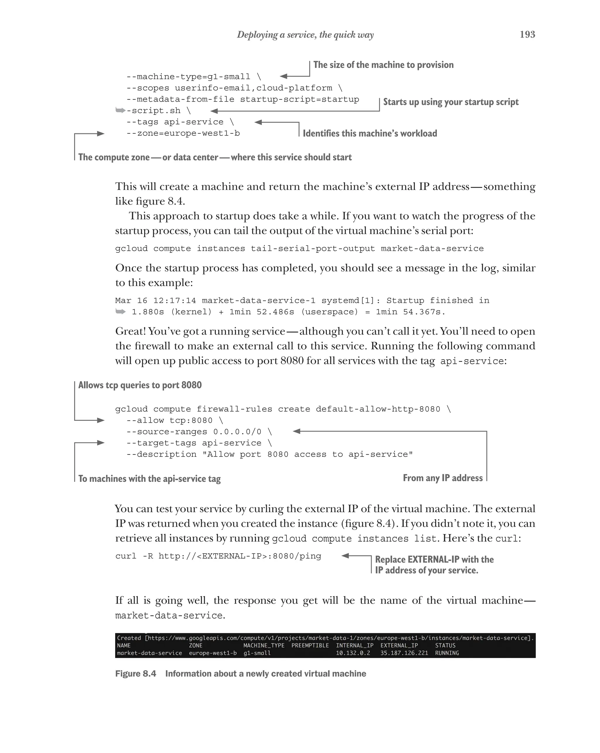 193
Deploying a service, the quick way
--machine-type=g1-small 
--scopes userinfo-email,cloud-platform 
--metadata-from-file startup-script=startup
➥-script.sh 
--tags api-service 
--zone=europe-west1-b
This will create a machine and return the machine’s external IP address—something
like figure 8.4.
This approach to startup does take a while. If you want to watch the progress of the
startup process, you can tail the output of the virtual machine’s serial port:
gcloud compute instances tail-serial-port-output market-data-service
Once the startup process has completed, you should see a message in the log, similar
to this example:
Mar 16 12:17:14 market-data-service-1 systemd[1]: Startup finished in
➥ 1.880s (kernel) + 1min 52.486s (userspace) = 1min 54.367s.
Great! You’ve got a running service—although you can’t call it yet. You’ll need to open
the firewall to make an external call to this service. Running the following command
will open up public access to port 8080 for all services with the tag api-service:
gcloud compute firewall-rules create default-allow-http-8080 
--allow tcp:8080 
--source-ranges 0.0.0.0/0 
--target-tags api-service 
--description "Allow port 8080 access to api-service"
You can test your service by curling the external IP of the virtual machine. The external
IP was returned when you created the instance (figure 8.4). If you didn’t note it, you can
retrieve all instances by running gcloud compute instances list. Here’s the curl:
curl -R http://<EXTERNAL-IP>:8080/ping
If all is going well, the response you get will be the name of the virtual machine—
market-data-service.
Figure 8.4   Information about a newly created virtual machine
The size of the machine to provision
Starts up using your startup script
Identifies this machine’s workload
The compute zone—or data center—where this service should start
Allows tcp queries to port 8080
From any IP address
To machines with the api-service tag
Replace EXTERNAL-IP with the
IP address of your service.
 