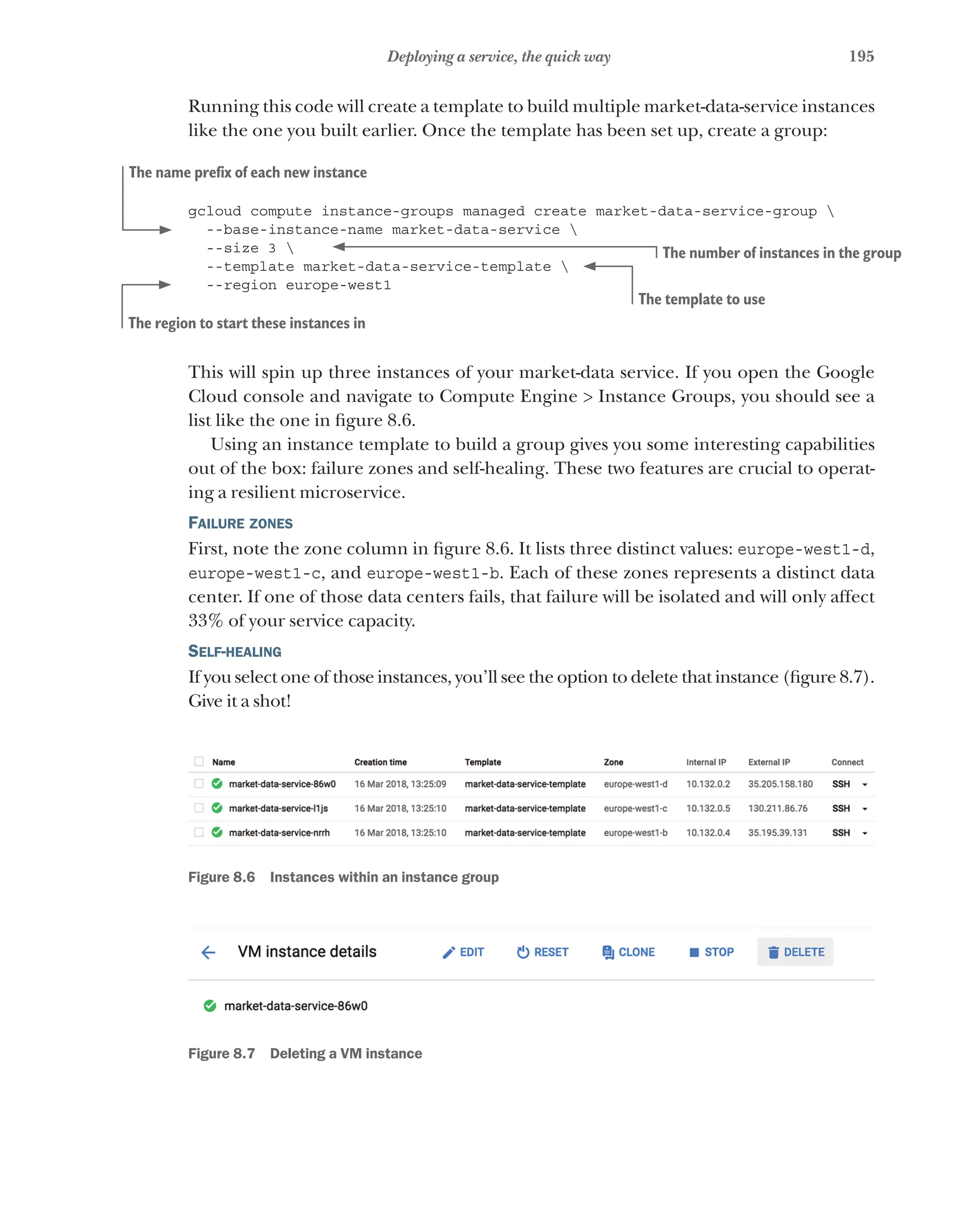 195
Deploying a service, the quick way
Running this code will create a template to build multiple market-data-service instances
like the one you built earlier. Once the template has been set up, create a group:
gcloud compute instance-groups managed create market-data-service-group 
--base-instance-name market-data-service 
--size 3 
--template market-data-service-template 
--region europe-west1
This will spin up three instances of your market-data service. If you open the Google
Cloud console and navigate to Compute Engine > Instance Groups, you should see a
list like the one in figure 8.6.
Using an instance template to build a group gives you some interesting capabilities
out of the box: failure zones and self-healing. These two features are crucial to operat-
ing a resilient microservice.
Failure zones
First, note the zone column in figure 8.6. It lists three distinct values: europe-west1-d,
europe-west1-c, and europe-west1-b. Each of these zones represents a distinct data
center. If one of those data centers fails, that failure will be isolated and will only affect
33% of your service capacity.
Self-healing
If you select one of those instances, you’ll see the option to delete that instance (figure 8.7).
Give it a shot!
Figure 8.6   Instances within an instance group
Figure 8.7   Deleting a VM instance
The name prefix of each new instance
The number of instances in the group
The template to use
The region to start these instances in
 