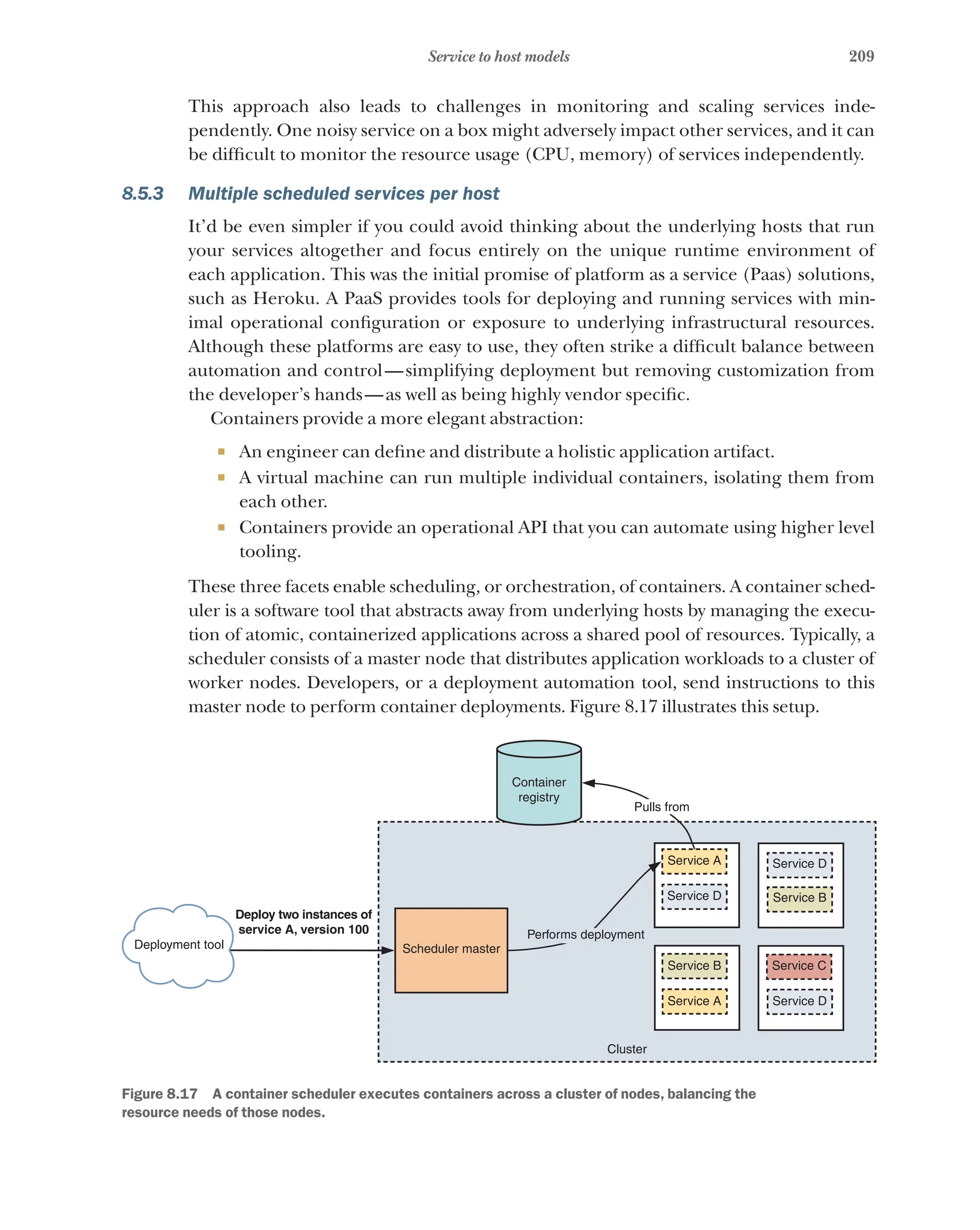 209
Service to host models
This approach also leads to challenges in monitoring and scaling services inde-
pendently. One noisy service on a box might adversely impact other services, and it can
be difficult to monitor the resource usage (CPU, memory) of services independently.
8.5.3 Multiple scheduled services per host
It’d be even simpler if you could avoid thinking about the underlying hosts that run
your services altogether and focus entirely on the unique runtime environment of
each application. This was the initial promise of platform as a service (Paas) solutions,
such as Heroku. A PaaS provides tools for deploying and running services with min-
imal operational configuration or exposure to underlying infrastructural resources.
Although these platforms are easy to use, they often strike a difficult balance between
automation and control—simplifying deployment but removing customization from
the developer’s hands—as well as being highly vendor specific.
Containers provide a more elegant abstraction:
¡ An engineer can define and distribute a holistic application artifact.
¡ A virtual machine can run multiple individual containers, isolating them from
each other.
¡ Containers provide an operational API that you can automate using higher level
tooling.
These three facets enable scheduling, or orchestration, of containers. A container sched-
uler is a software tool that abstracts away from underlying hosts by managing the execu-
tion of atomic, containerized applications across a shared pool of resources. Typically, a
scheduler consists of a master node that distributes application workloads to a cluster of
worker nodes. Developers, or a deployment automation tool, send instructions to this
master node to perform container deployments. Figure 8.17 illustrates this setup.
Deployment tool
Deploy two instances of
service A, version 100
Scheduler master
Performs deployment
Cluster
Service A
Service D
Service B
Service A
Service D
Service B
Service C
Service D
Pulls from
Container
registry
Figure 8.17   A container scheduler executes containers across a cluster of nodes, balancing the
resource needs of those nodes.
 