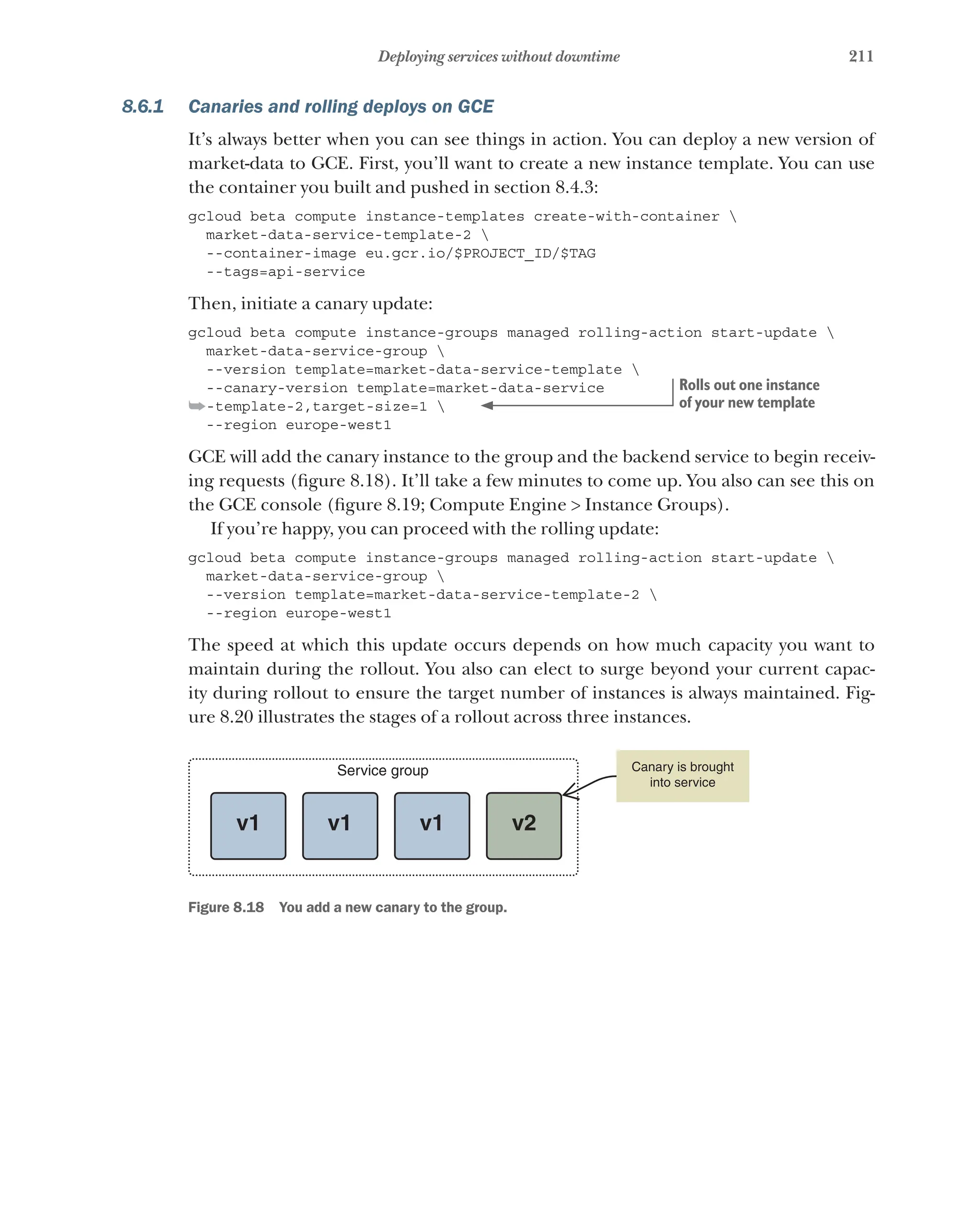 211
Deploying services without downtime
8.6.1 Canaries and rolling deploys on GCE
It’s always better when you can see things in action. You can deploy a new version of
market-data to GCE. First, you’ll want to create a new instance template. You can use
the container you built and pushed in section 8.4.3:
gcloud beta compute instance-templates create-with-container 
market-data-service-template-2 
--container-image eu.gcr.io/$PROJECT_ID/$TAG
--tags=api-service
Then, initiate a canary update:
gcloud beta compute instance-groups managed rolling-action start-update 
market-data-service-group 
--version template=market-data-service-template 
--canary-version template=market-data-service
➥-template-2,target-size=1 
--region europe-west1
GCE will add the canary instance to the group and the backend service to begin receiv-
ing requests (figure 8.18). It’ll take a few minutes to come up. You also can see this on
the GCE console (figure 8.19; Compute Engine > Instance Groups).
If you’re happy, you can proceed with the rolling update:
gcloud beta compute instance-groups managed rolling-action start-update 
market-data-service-group 
--version template=market-data-service-template-2 
--region europe-west1
The speed at which this update occurs depends on how much capacity you want to
maintain during the rollout. You also can elect to surge beyond your current capac-
ity during rollout to ensure the target number of instances is always maintained. Fig-
ure 8.20 illustrates the stages of a rollout across three instances.
Canary is brought
into service
Service group
v1 v1 v1 v2
Figure 8.18   You add a new canary to the group.
Rolls out one instance
of your new template
 