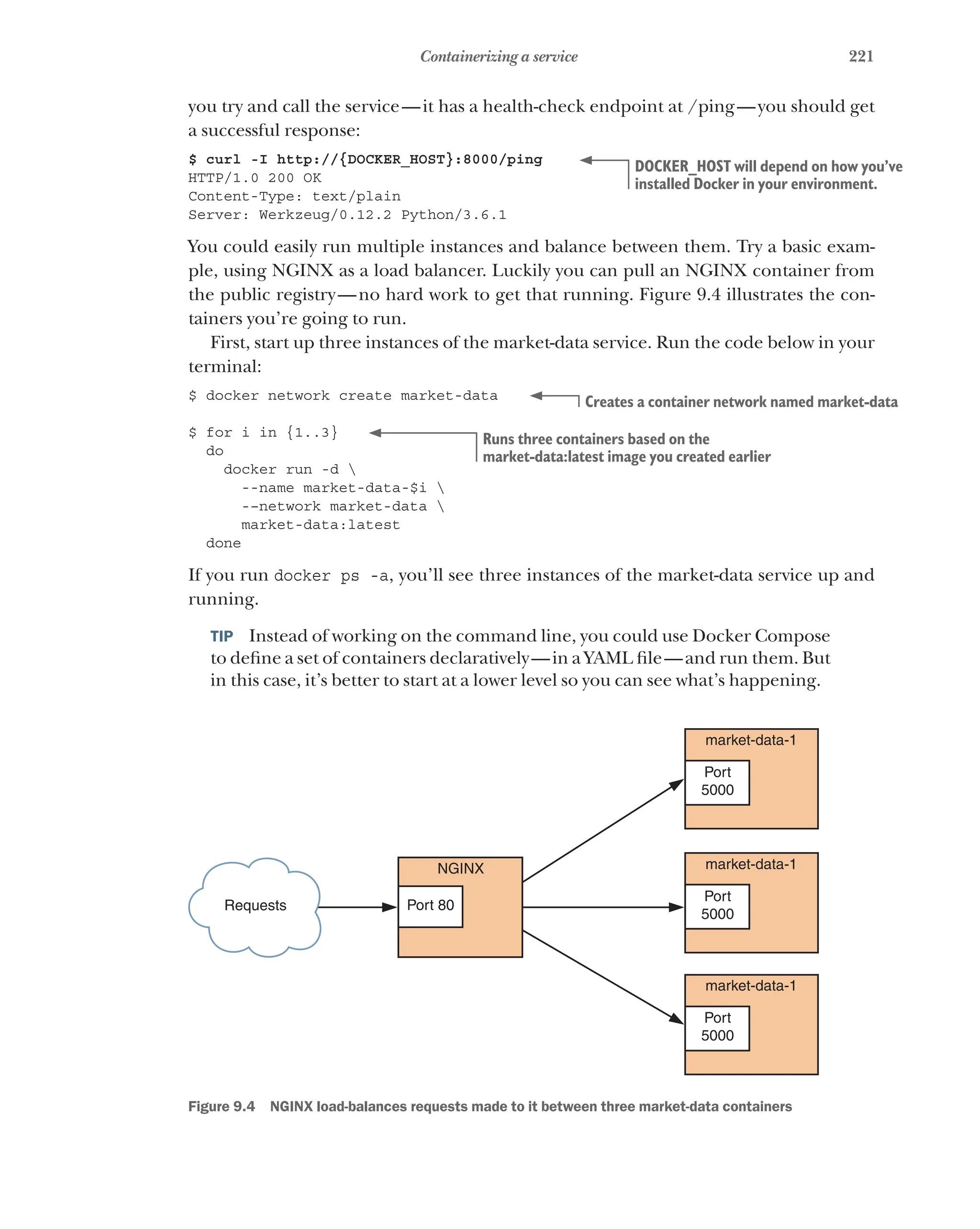 221
Containerizing a service
you try and call the service—it has a health-check endpoint at /ping—you should get
a successful response:
$ curl -I http://{DOCKER_HOST}:8000/ping
HTTP/1.0 200 OK
Content-Type: text/plain
Server: Werkzeug/0.12.2 Python/3.6.1
You could easily run multiple instances and balance between them. Try a basic exam-
ple, using NGINX as a load balancer. Luckily you can pull an NGINX container from
the public registry—no hard work to get that running. Figure 9.4 illustrates the con-
tainers you’re going to run.
First, start up three instances of the market-data service. Run the code below in your
terminal:
$ docker network create market-data
$ for i in {1..3}
do
docker run -d 
--name market-data-$i 
-–network market-data 
market-data:latest
done
If you run docker ps -a, you’ll see three instances of the market-data service up and
running.
TIP  Instead of working on the command line, you could use Docker Compose
to define a set of containers declaratively—in a YAML file—and run them. But
in this case, it’s better to start at a lower level so you can see what’s happening.
market-data-1
Port
5000
market-data-1
Port
5000
market-data-1
Port
5000
Requests
NGINX
Port 80
Figure 9.4   NGINX load-balances requests made to it between three market-data containers
DOCKER_HOST will depend on how you’ve
installed Docker in your environment.
Creates a container network named market-data
Runs three containers based on the
market-data:latest image you created earlier
 
