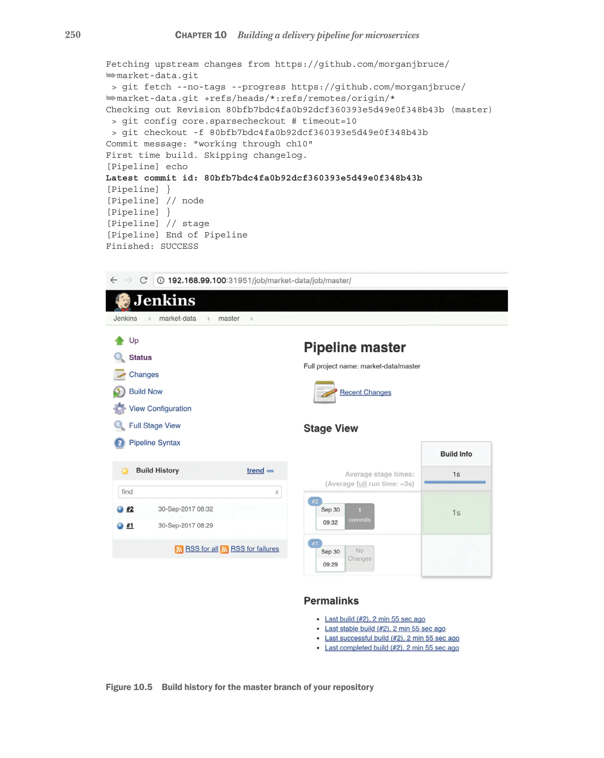 250 Chapter 10 Building a delivery pipeline for microservices
Fetching upstream changes from https://github.com/morganjbruce/
➥market-data.git
> git fetch --no-tags --progress https://github.com/morganjbruce/
➥market-data.git +refs/heads/*:refs/remotes/origin/*
Checking out Revision 80bfb7bdc4fa0b92dcf360393e5d49e0f348b43b (master)
> git config core.sparsecheckout # timeout=10
> git checkout -f 80bfb7bdc4fa0b92dcf360393e5d49e0f348b43b
Commit message: "working through ch10"
First time build. Skipping changelog.
[Pipeline] echo
Latest commit id: 80bfb7bdc4fa0b92dcf360393e5d49e0f348b43b
[Pipeline] }
[Pipeline] // node
[Pipeline] }
[Pipeline] // stage
[Pipeline] End of Pipeline
Finished: SUCCESS
Figure 10.5   Build history for the master branch of your repository
 