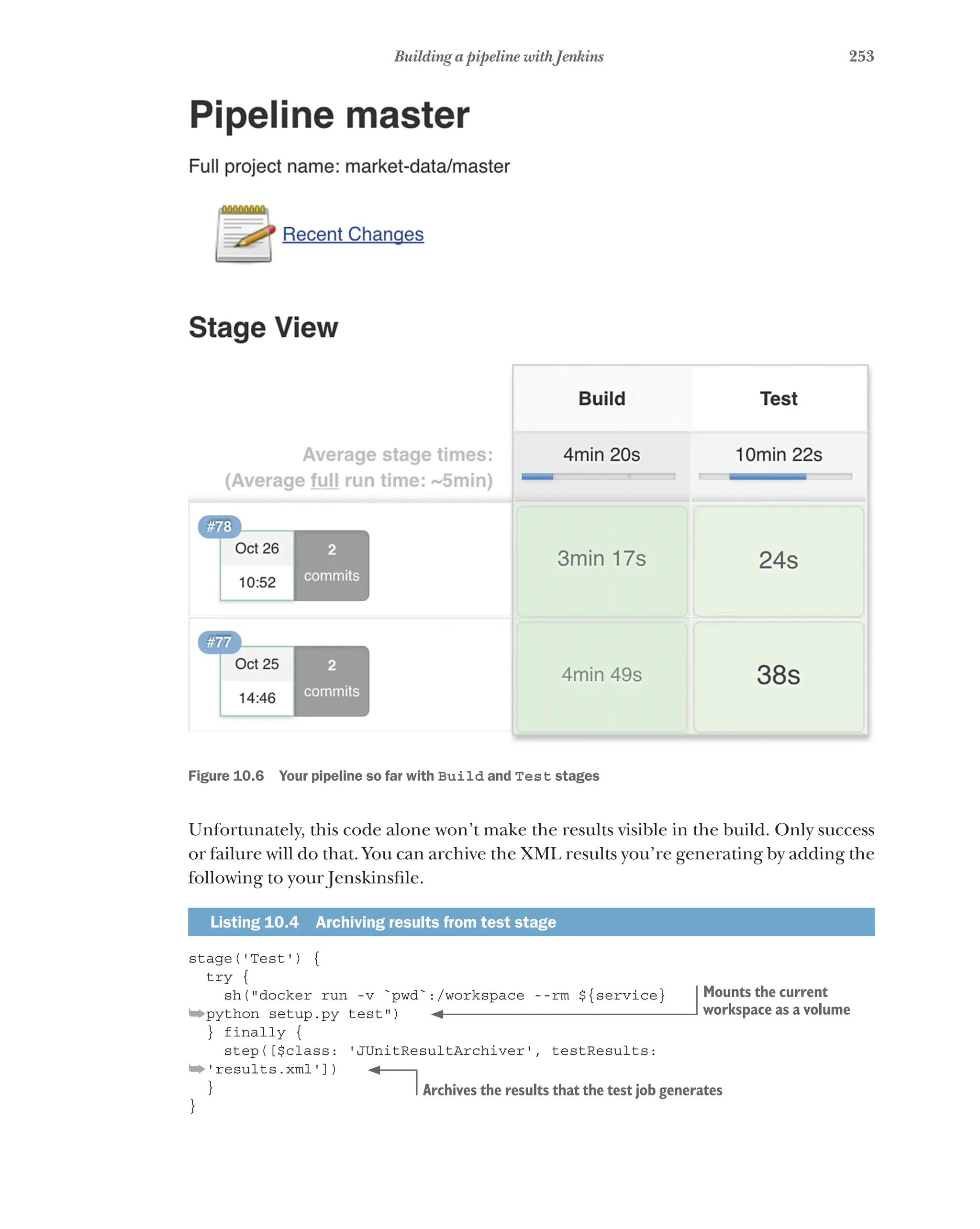 253
Building a pipeline with Jenkins
Figure 10.6   Your pipeline so far with Build and Test stages
Unfortunately, this code alone won’t make the results visible in the build. Only success
or failure will do that. You can archive the XML results you’re generating by adding the
following to your Jenskinsfile.
Listing 10.4   Archiving results from test stage
stage('Test') {
try {
sh("docker run -v `pwd`:/workspace --rm ${service}
➥python setup.py test")
} finally {
step([$class: 'JUnitResultArchiver', testResults:
➥'results.xml'])
}
}
Mounts the current
workspace as a volume
Archives the results that the test job generates
 