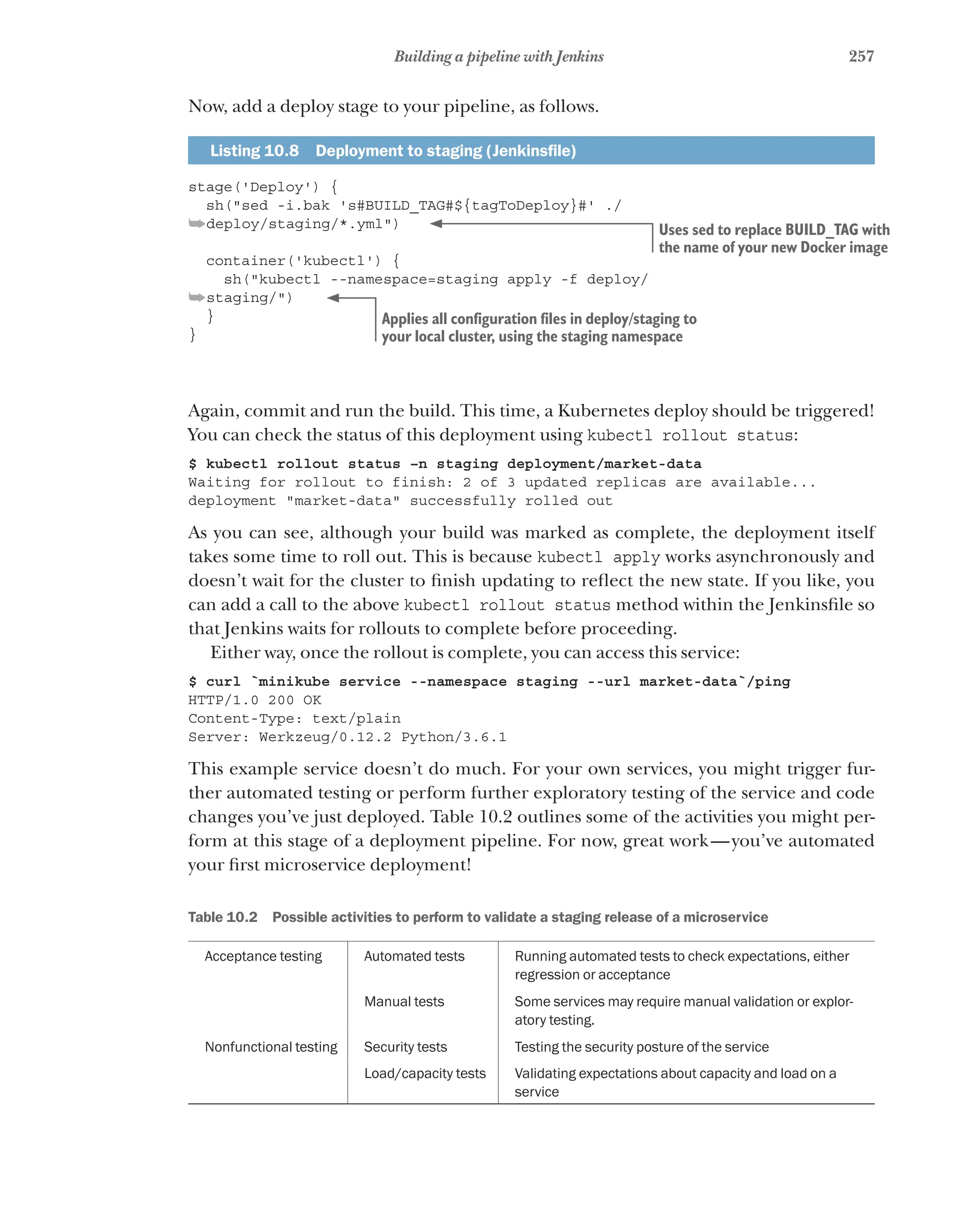 257
Building a pipeline with Jenkins
Now, add a deploy stage to your pipeline, as follows.
Listing 10.8   Deployment to staging (Jenkinsfile)
stage('Deploy') {
sh("sed -i.bak 's#BUILD_TAG#${tagToDeploy}#' ./
➥deploy/staging/*.yml")
container('kubectl') {
sh("kubectl --namespace=staging apply -f deploy/
➥staging/")
}
}
Again, commit and run the build. This time, a Kubernetes deploy should be triggered!
You can check the status of this deployment using kubectl rollout status:
$ kubectl rollout status –n staging deployment/market-data
Waiting for rollout to finish: 2 of 3 updated replicas are available...
deployment "market-data" successfully rolled out
As you can see, although your build was marked as complete, the deployment itself
takes some time to roll out. This is because kubectl apply works asynchronously and
doesn’t wait for the cluster to finish updating to reflect the new state. If you like, you
can add a call to the above kubectl rollout status method within the Jenkinsfile so
that Jenkins waits for rollouts to complete before proceeding.
Either way, once the rollout is complete, you can access this service:
$ curl `minikube service --namespace staging --url market-data`/ping
HTTP/1.0 200 OK
Content-Type: text/plain
Server: Werkzeug/0.12.2 Python/3.6.1
This example service doesn’t do much. For your own services, you might trigger fur-
ther automated testing or perform further exploratory testing of the service and code
changes you’ve just deployed. Table 10.2 outlines some of the activities you might per-
form at this stage of a deployment pipeline. For now, great work—you’ve automated
your first microservice deployment!
Table 10.2   Possible activities to perform to validate a staging release of a microservice
Acceptance testing Automated tests Running automated tests to check expectations, either
regression or acceptance
Manual tests Some services may require manual validation or explor-
atory testing.
Nonfunctional testing Security tests Testing the security posture of the service
Load/capacity tests Validating expectations about capacity and load on a
service
Uses sed to replace BUILD_TAG with
the name of your new Docker image
Applies all configuration files in deploy/staging to
your local cluster, using the staging namespace
 