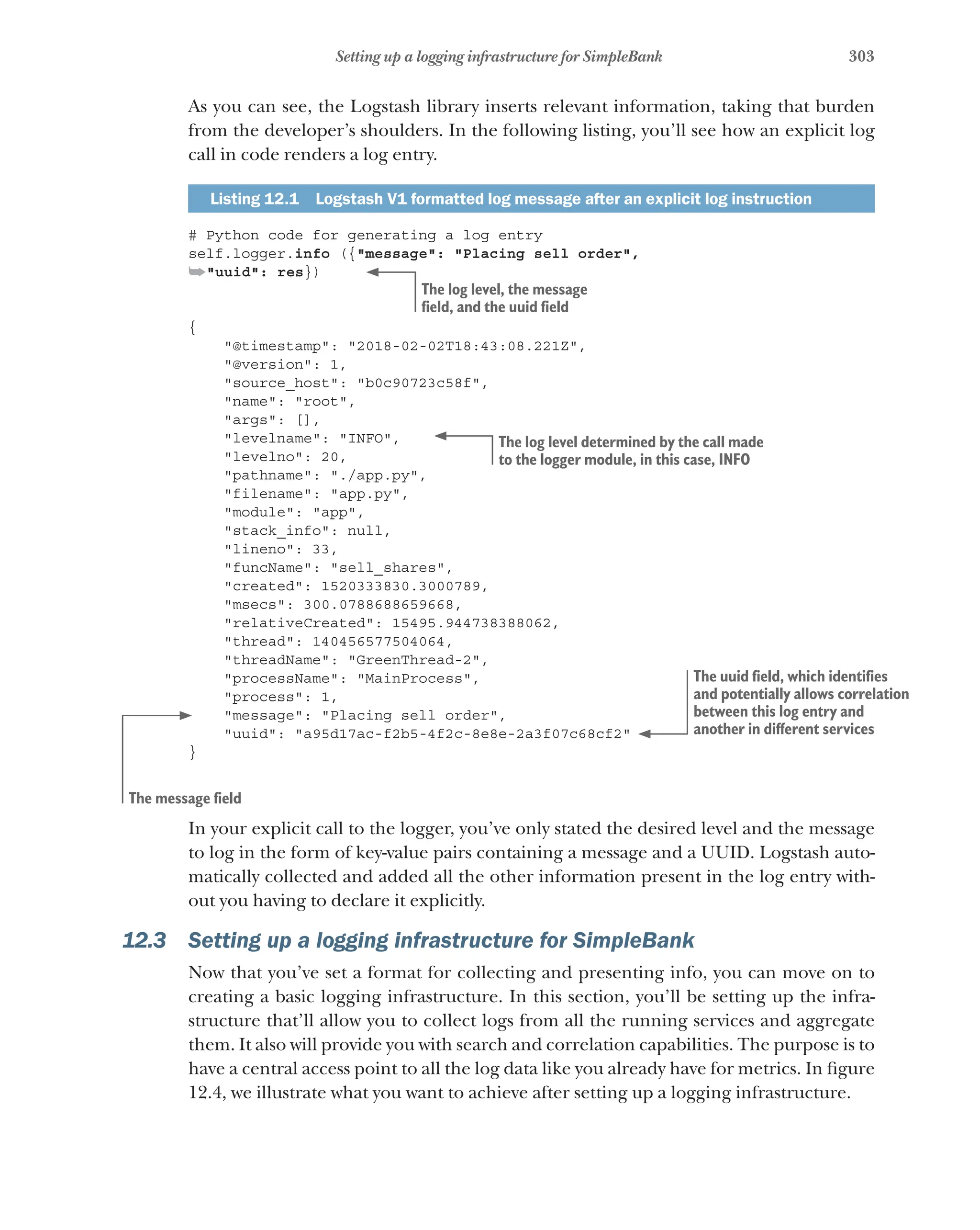 303
Setting up a logging infrastructure for SimpleBank
As you can see, the Logstash library inserts relevant information, taking that burden
from the developer’s shoulders. In the following listing, you’ll see how an explicit log
call in code renders a log entry.
Listing 12.1   Logstash V1 formatted log message after an explicit log instruction
# Python code for generating a log entry
self.logger.info ({"message": "Placing sell order",
➥"uuid": res})
{
"@timestamp": "2018-02-02T18:43:08.221Z",
"@version": 1,
"source_host": "b0c90723c58f",
"name": "root",
"args": [],
"levelname": "INFO",
"levelno": 20,
"pathname": "./app.py",
"filename": "app.py",
"module": "app",
"stack_info": null,
"lineno": 33,
"funcName": "sell_shares",
"created": 1520333830.3000789,
"msecs": 300.0788688659668,
"relativeCreated": 15495.944738388062,
"thread": 140456577504064,
"threadName": "GreenThread-2",
"processName": "MainProcess",
"process": 1,
"message": "Placing sell order",
"uuid": "a95d17ac-f2b5-4f2c-8e8e-2a3f07c68cf2"
}
In your explicit call to the logger, you’ve only stated the desired level and the message
to log in the form of key-value pairs containing a message and a UUID. Logstash auto-
matically collected and added all the other information present in the log entry with-
out you having to declare it explicitly.
12.3 Setting up a logging infrastructure for SimpleBank
Now that you’ve set a format for collecting and presenting info, you can move on to
creating a basic logging infrastructure. In this section, you’ll be setting up the infra-
structure that’ll allow you to collect logs from all the running services and aggregate
them. It also will provide you with search and correlation capabilities. The purpose is to
have a central access point to all the log data like you already have for metrics. In figure
12.4, we illustrate what you want to achieve after setting up a logging infrastructure.
The log level, the message
field, and the uuid field
The log level determined by the call made
to the logger module, in this case, INFO
The message field
The uuid field, which identifies
and potentially allows correlation
between this log entry and
another in different services
 