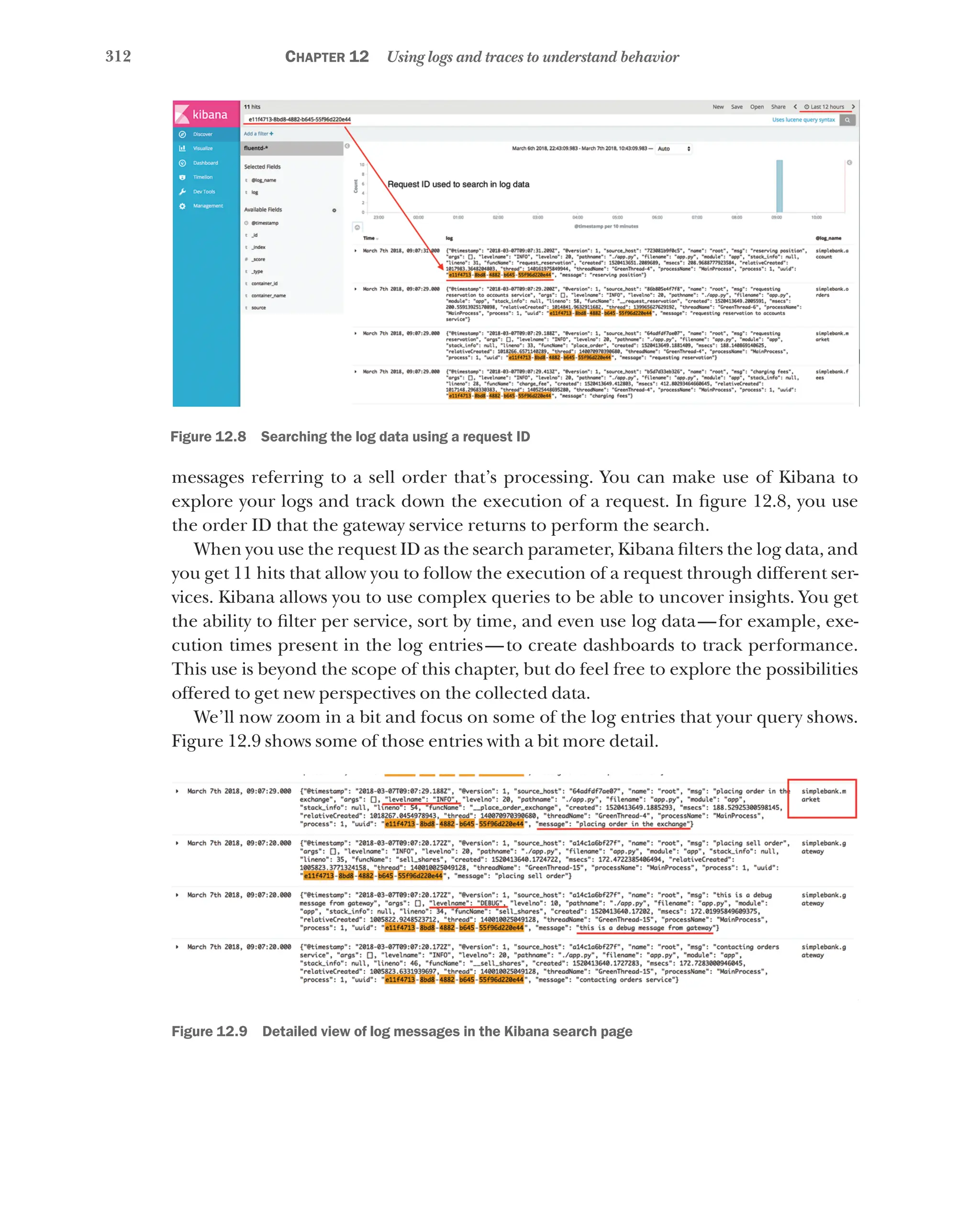 312 Chapter 12 Using logs and traces to understand behavior
messages referring to a sell order that’s processing. You can make use of Kibana to
explore your logs and track down the execution of a request. In figure 12.8, you use
the order ID that the gateway service returns to perform the search.
When you use the request ID as the search parameter, Kibana filters the log data, and
you get 11 hits that allow you to follow the execution of a request through different ser-
vices. Kibana allows you to use complex queries to be able to uncover insights. You get
the ability to filter per service, sort by time, and even use log data—for example, exe-
cution times present in the log entries—to create dashboards to track performance.
This use is beyond the scope of this chapter, but do feel free to explore the possibilities
offered to get new perspectives on the collected data.
We’ll now zoom in a bit and focus on some of the log entries that your query shows.
Figure 12.9 shows some of those entries with a bit more detail.
Figure 12.9   Detailed view of log messages in the Kibana search page
Figure 12.8   Searching the log data using a request ID
 