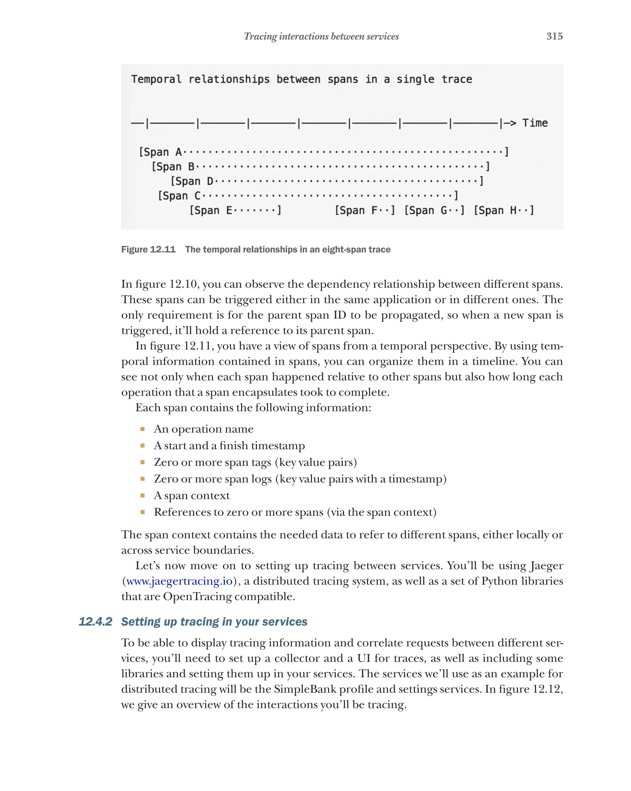 315
Tracing interactions between services
Figure 12.11   The temporal relationships in an eight-span trace
In figure 12.10, you can observe the dependency relationship between different spans.
These spans can be triggered either in the same application or in different ones. The
only requirement is for the parent span ID to be propagated, so when a new span is
triggered, it’ll hold a reference to its parent span.
In figure 12.11, you have a view of spans from a temporal perspective. By using tem-
poral information contained in spans, you can organize them in a timeline. You can
see not only when each span happened relative to other spans but also how long each
operation that a span encapsulates took to complete.
Each span contains the following information:
¡ An operation name
¡ A start and a finish timestamp
¡ Zero or more span tags (key value pairs)
¡ Zero or more span logs (key value pairs with a timestamp)
¡ A span context
¡ References to zero or more spans (via the span context)
The span context contains the needed data to refer to different spans, either locally or
across service boundaries.
Let’s now move on to setting up tracing between services. You’ll be using Jaeger
(www.jaegertracing.io), a distributed tracing system, as well as a set of Python libraries
that are OpenTracing compatible.
12.4.2 Setting up tracing in your services
To be able to display tracing information and correlate requests between different ser-
vices, you’ll need to set up a collector and a UI for traces, as well as including some
libraries and setting them up in your services. The services we’ll use as an example for
distributed tracing will be the SimpleBank profile and settings services. In figure 12.12,
we give an overview of the interactions you’ll be tracing.
 
