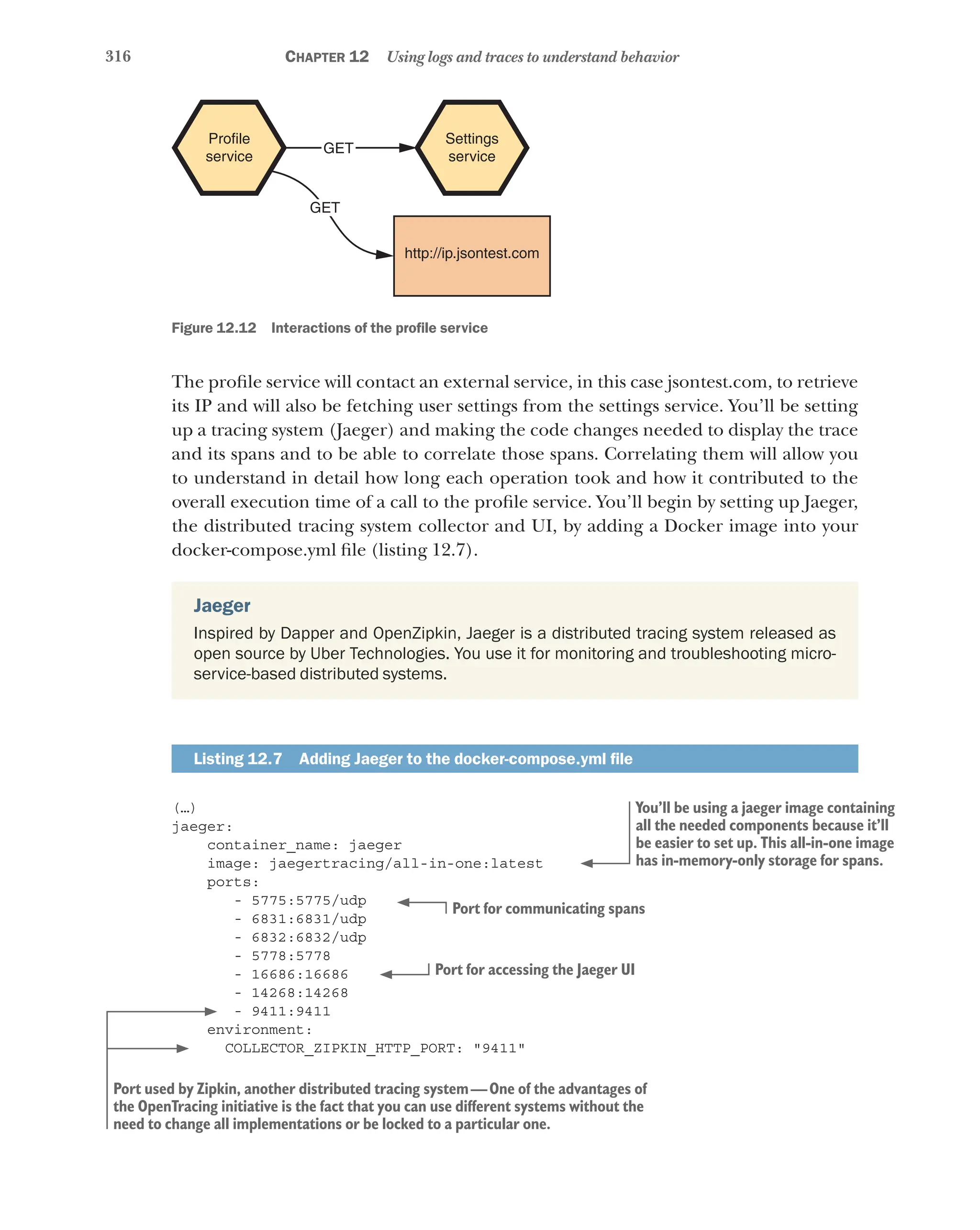 316 Chapter 12 Using logs and traces to understand behavior
Profile
service
Settings
service
GET
GET
http://ip.jsontest.com
Figure 12.12   Interactions of the profile service
The profile service will contact an external service, in this case jsontest.com, to retrieve
its IP and will also be fetching user settings from the settings service. You’ll be setting
up a tracing system (Jaeger) and making the code changes needed to display the trace
and its spans and to be able to correlate those spans. Correlating them will allow you
to understand in detail how long each operation took and how it contributed to the
overall execution time of a call to the profile service. You’ll begin by setting up Jaeger,
the distributed tracing system collector and UI, by adding a Docker image into your
docker-compose.yml file (listing 12.7).
Jaeger
Inspired by Dapper and OpenZipkin, Jaeger is a distributed tracing system released as
open source by Uber Technologies. You use it for monitoring and troubleshooting micro­
service-based distributed systems.
Listing 12.7   Adding Jaeger to the docker-compose.yml file
(…)
jaeger:
container_name: jaeger
image: jaegertracing/all-in-one:latest
ports:
- 5775:5775/udp
- 6831:6831/udp
- 6832:6832/udp
- 5778:5778
- 16686:16686
- 14268:14268
- 9411:9411
environment:
COLLECTOR_ZIPKIN_HTTP_PORT: "9411"
You’ll be using a jaeger image containing
all the needed components because it’ll
be easier to set up. This all-in-one image
has in-memory-only storage for spans.
Port for communicating spans
Port for accessing the Jaeger UI
Port used by Zipkin, another distributed tracing system—One of the advantages of
the OpenTracing initiative is the fact that you can use different systems without the
need to change all implementations or be locked to a particular one.
 