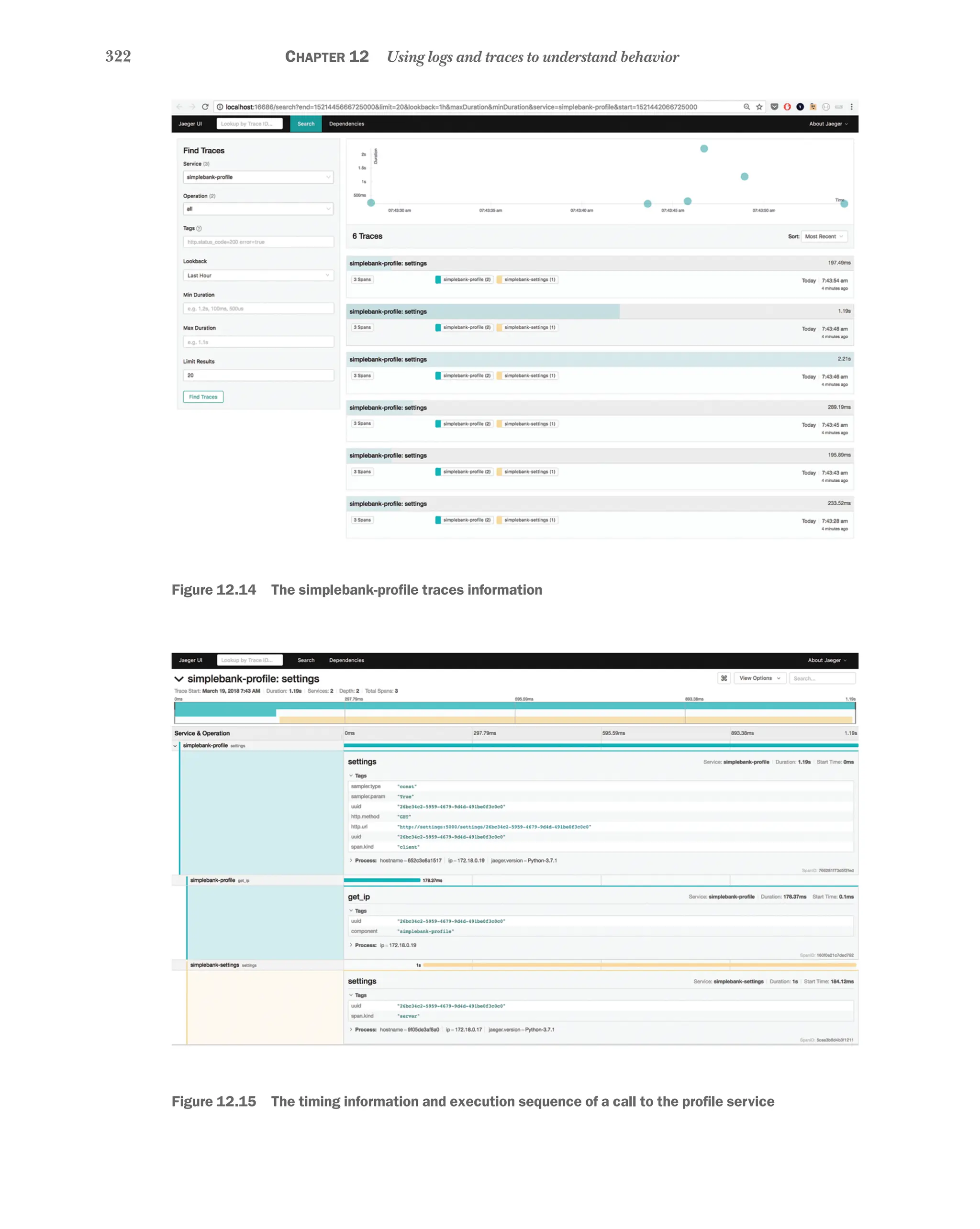322 Chapter 12 Using logs and traces to understand behavior
Figure 12.14   The simplebank-profile traces information
Figure 12.15   The timing information and execution sequence of a call to the profile service
 