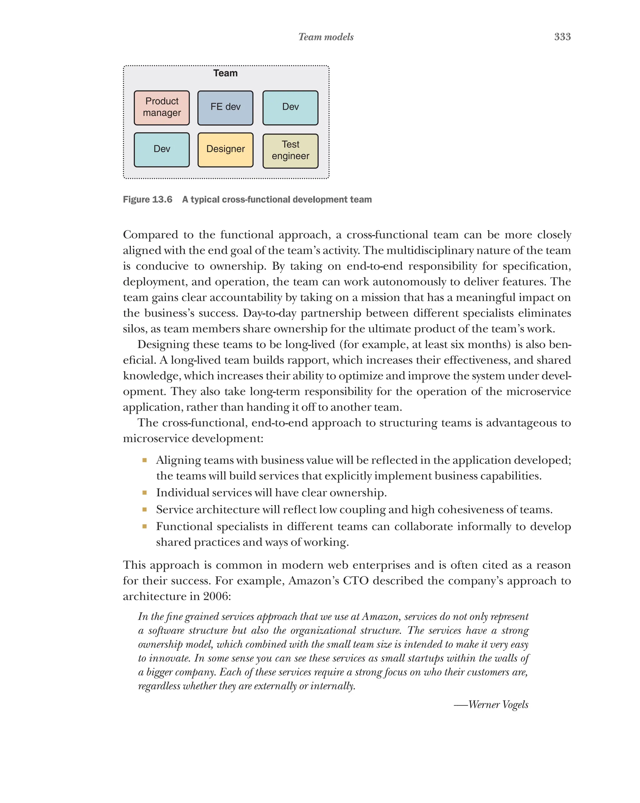 333
Team models
Product
manager
FE dev Dev
Test
engineer
Designer
Dev
Team
Figure 13.6   A typical cross-functional development team
Compared to the functional approach, a cross-functional team can be more closely
aligned with the end goal of the team’s activity. The multidisciplinary nature of the team
is conducive to ownership. By taking on end-to-end responsibility for specification,
deployment, and operation, the team can work autonomously to deliver features. The
team gains clear accountability by taking on a mission that has a meaningful impact on
the business’s success. Day-to-day partnership between different specialists eliminates
silos, as team members share ownership for the ultimate product of the team’s work.
Designing these teams to be long-lived (for example, at least six months) is also ben-
eficial. A long-lived team builds rapport, which increases their effectiveness, and shared
knowledge, which increases their ability to optimize and improve the system under devel-
opment. They also take long-term responsibility for the operation of the microservice
application, rather than handing it off to another team.
The cross-functional, end-to-end approach to structuring teams is advantageous to
microservice development:
¡ Aligning teams with business value will be reflected in the application developed;
the teams will build services that explicitly implement business capabilities.
¡ Individual services will have clear ownership.
¡ Service architecture will reflect low coupling and high cohesiveness of teams.
¡ Functional specialists in different teams can collaborate informally to develop
shared practices and ways of working.
This approach is common in modern web enterprises and is often cited as a reason
for their success. For example, Amazon’s CTO described the company’s approach to
architecture in 2006:
In the fine grained services approach that we use at Amazon, services do not only represent
a software structure but also the organizational structure. The services have a strong
ownership model, which combined with the small team size is intended to make it very easy
to innovate. In some sense you can see these services as small startups within the walls of
a bigger company. Each of these services require a strong focus on who their customers are,
regardless whether they are externally or internally.
-—Werner Vogels
 