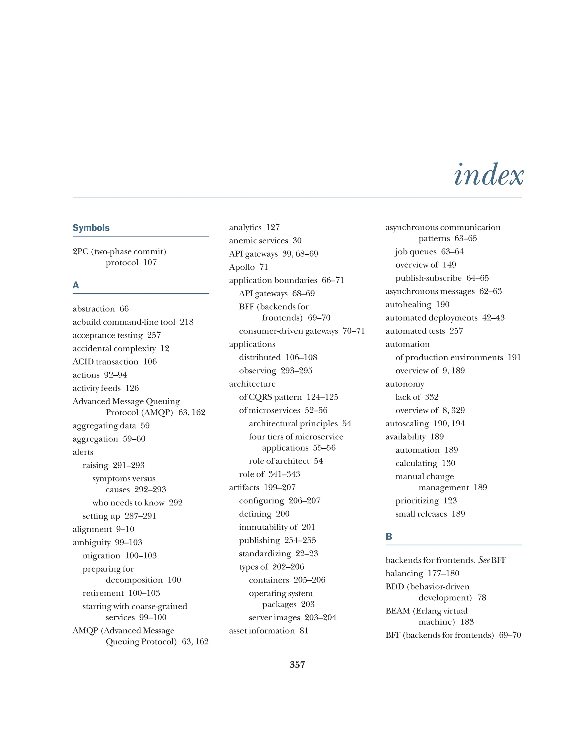 357
index
Symbols
2PC (two-phase commit)
protocol 107
A
abstraction 66
acbuild command-line tool 218
acceptance testing 257
accidental complexity 12
ACID transaction 106
actions 92–94
activity feeds 126
Advanced Message Queuing
Protocol (AMQP) 63, 162
aggregating data 59
aggregation 59–60
alerts
raising 291–293
symptoms versus
causes 292–293
who needs to know 292
setting up 287–291
alignment 9–10
ambiguity 99–103
migration 100–103
preparing for
decomposition 100
retirement 100–103
starting with coarse-grained
services 99–100
AMQP (Advanced Message
Queuing Protocol) 63, 162
analytics 127
anemic services 30
API gateways 39, 68–69
Apollo 71
application boundaries 66–71
API gateways 68–69
BFF (backends for
frontends) 69–70
consumer-driven gateways 70–71
applications
distributed 106–108
observing 293–295
architecture
of CQRS pattern 124–125
of microservices 52–56
architectural principles 54
four tiers of microservice
applications 55–56
role of architect 54
role of 341–343
artifacts 199–207
configuring 206–207
defining 200
immutability of 201
publishing 254–255
standardizing 22–23
types of 202–206
containers 205–206
operating system
packages 203
server images 203–204
asset information 81
asynchronous communication
patterns 63–65
job queues 63–64
overview of 149
publish-subscribe 64–65
asynchronous messages 62–63
autohealing 190
automated deployments 42–43
automated tests 257
automation
of production environments 191
overview of 9, 189
autonomy
lack of 332
overview of 8, 329
autoscaling 190, 194
availability 189
automation 189
calculating 130
manual change
management 189
prioritizing 123
small releases 189
B
backends for frontends. See BFF
balancing 177–180
BDD (behavior-driven
development) 78
BEAM (Erlang virtual
machine) 183
BFF (backends for frontends) 69–70
 