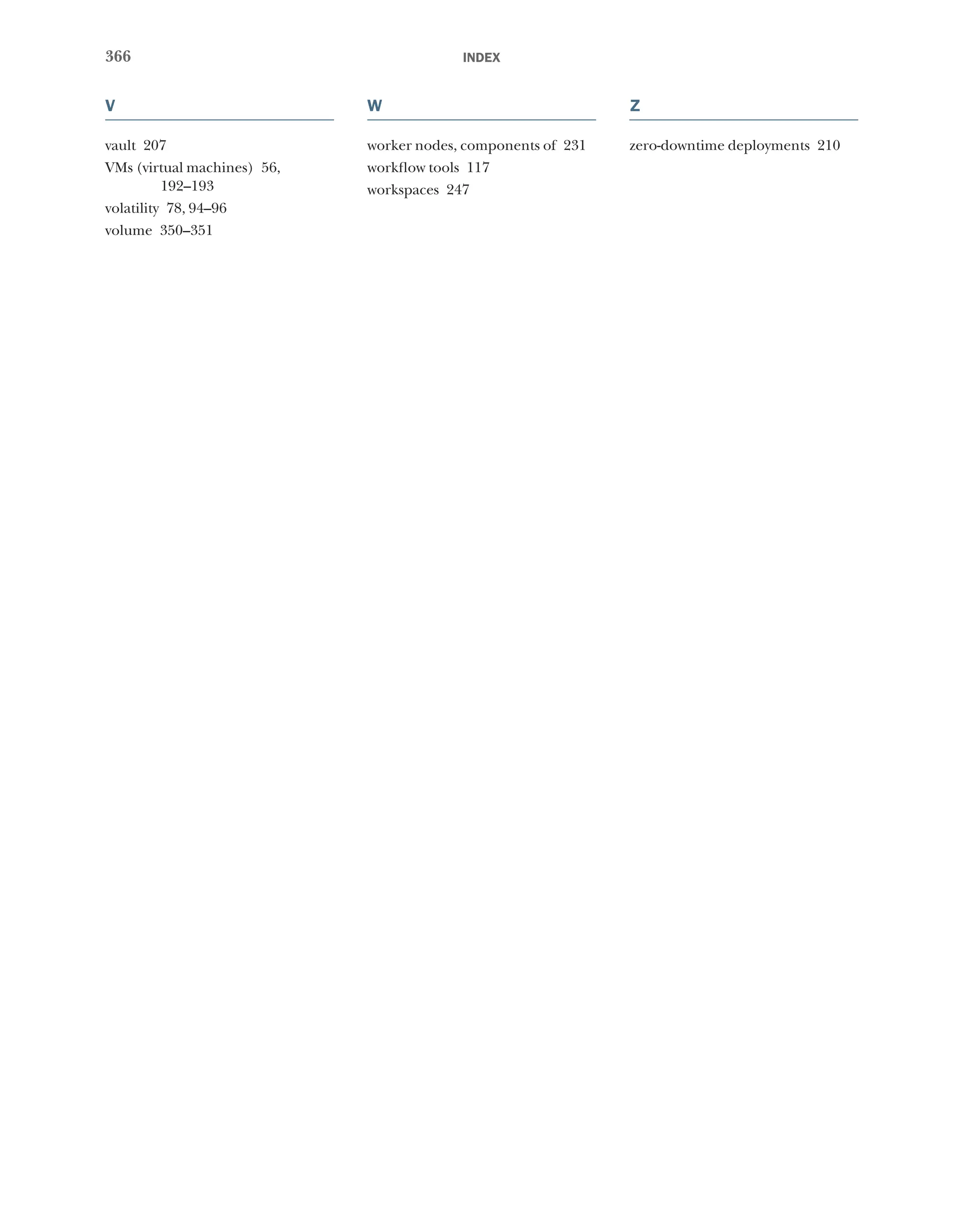 366 index
V
vault 207
VMs (virtual machines) 56,
192–193
volatility 78, 94–96
volume 350–351
W
worker nodes, components of 231
workflow tools 117
workspaces 247
Z
zero-downtime deployments 210
 
