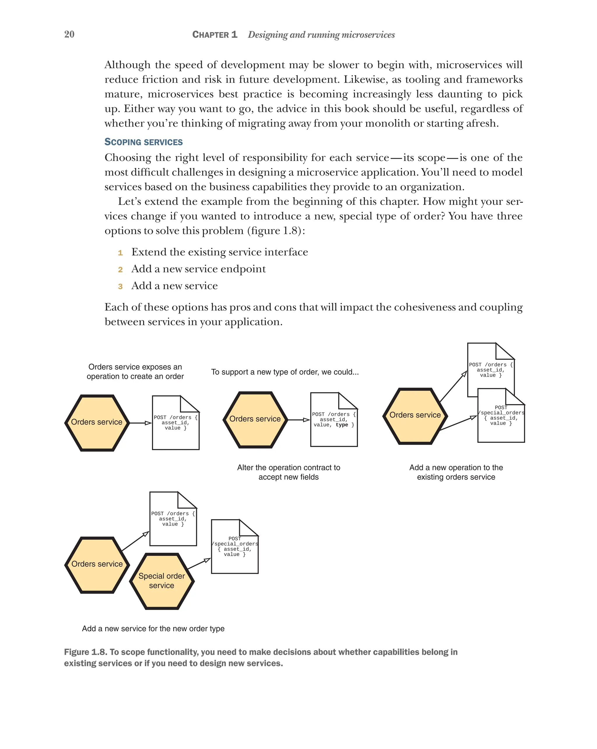 20 Chapter 1 Designing and running microservices
Although the speed of development may be slower to begin with, microservices will
reduce friction and risk in future development. Likewise, as tooling and frameworks
mature, microservices best practice is becoming increasingly less daunting to pick
up. Either way you want to go, the advice in this book should be useful, regardless of
whether you’re thinking of migrating away from your monolith or starting afresh.
Scoping services
Choosing the right level of responsibility for each service—its scope—is one of the
most difficult challenges in designing a microservice application. You’ll need to model
services based on the business capabilities they provide to an organization.
Let’s extend the example from the beginning of this chapter. How might your ser-
vices change if you wanted to introduce a new, special type of order? You have three
options to solve this problem (figure 1.8):
1 Extend the existing service interface
2 Add a new service endpoint
3 Add a new service
Each of these options has pros and cons that will impact the cohesiveness and coupling
between services in your application.
Orders service exposes an
operation to create an order
To support a new type of order, we could...
Orders service Orders service
Orders service
Orders service
Special order
service
Add a new service for the new order type
Alter the operation contract to
accept new fields
Add a new operation to the
existing orders service
Figure 1.8. To scope functionality, you need to make decisions about whether capabilities belong in
existing services or if you need to design new services.
 