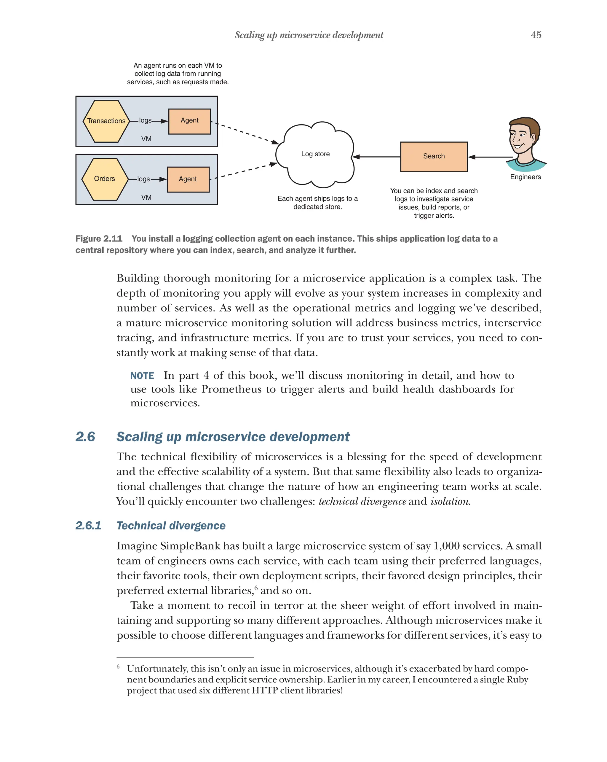 45
Scaling up microservice development
An agent runs on each VM to
collect log data from running
services, such as requests made.
Transactions logs
VM
Agent
Log store
Each agent ships logs to a
dedicated store.
You can be index and search
logs to investigate service
issues, build reports, or
trigger alerts.
Search
Engineers
Orders logs
VM
Agent
Figure 2.11   You install a logging collection agent on each instance. This ships application log data to a
central repository where you can index, search, and analyze it further.
Building thorough monitoring for a microservice application is a complex task. The
depth of monitoring you apply will evolve as your system increases in complexity and
number of services. As well as the operational metrics and logging we’ve described,
a mature microservice monitoring solution will address business metrics, interservice
tracing, and infrastructure metrics. If you are to trust your services, you need to con-
stantly work at making sense of that data.
NOTE  In part 4 of this book, we’ll discuss monitoring in detail, and how to
use tools like Prometheus to trigger alerts and build health dashboards for
microservices.
2.6 Scaling up microservice development
The technical flexibility of microservices is a blessing for the speed of development
and the effective scalability of a system. But that same flexibility also leads to organiza-
tional challenges that change the nature of how an engineering team works at scale.
You’ll quickly encounter two challenges: technical divergence and isolation.
2.6.1 Technical divergence
Imagine SimpleBank has built a large microservice system of say 1,000 services. A small
team of engineers owns each service, with each team using their preferred languages,
their favorite tools, their own deployment scripts, their favored design principles, their
preferred external libraries,6
and so on.
Take a moment to recoil in terror at the sheer weight of effort involved in main-
taining and supporting so many different approaches. Although microservices make it
possible to choose different languages and frameworks for different services, it’s easy to
6
Unfortunately, this isn’t only an issue in microservices, although it’s exacerbated by hard compo-
nent boundaries and explicit service ownership. Earlier in my career, I encountered a single Ruby
project that used six different HTTP client libraries!
 