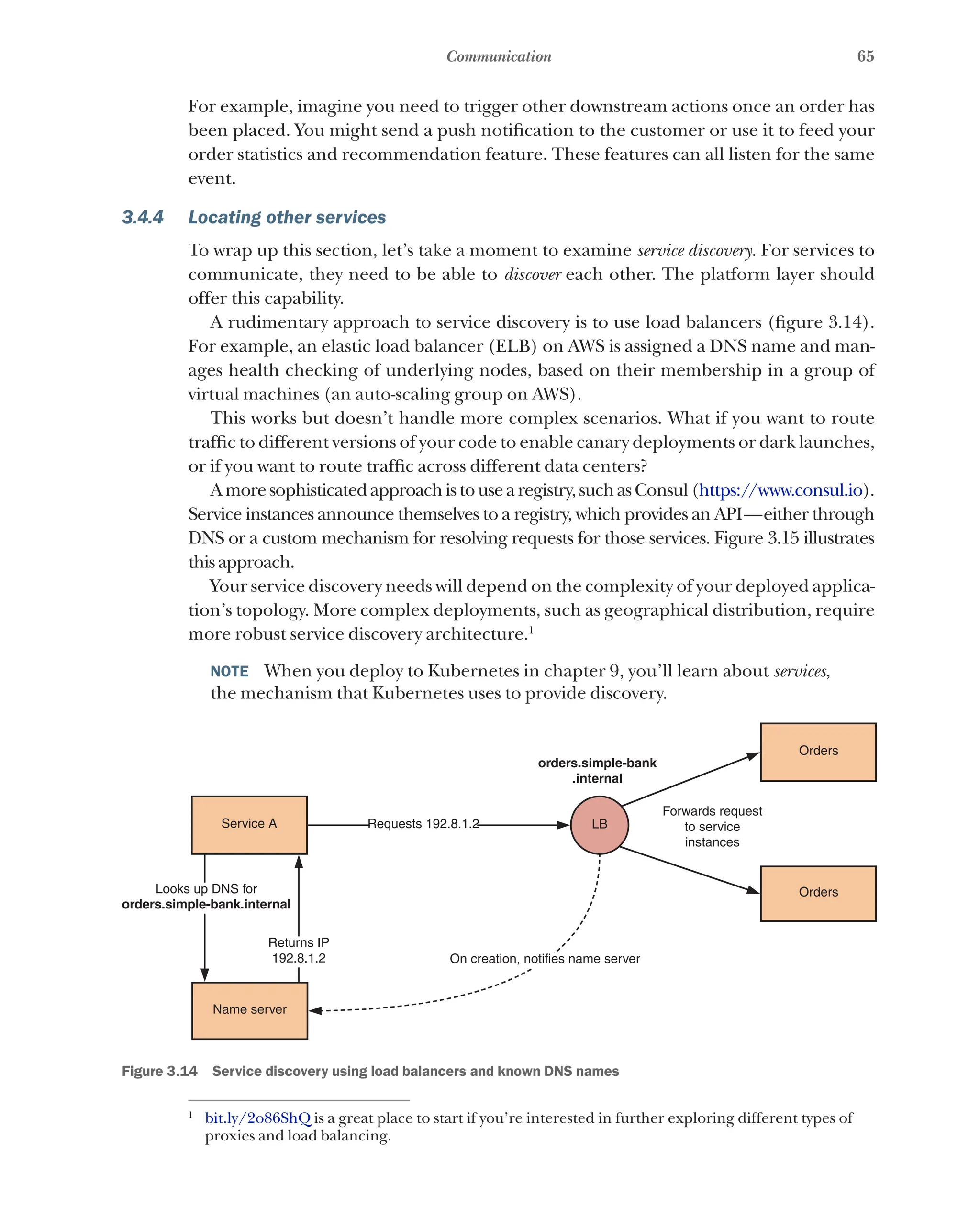 65
Communication
For example, imagine you need to trigger other downstream actions once an order has
been placed. You might send a push notification to the customer or use it to feed your
order statistics and recommendation feature. These features can all listen for the same
event.
3.4.4 Locating other services
To wrap up this section, let’s take a moment to examine service discovery. For services to
communicate, they need to be able to discover each other. The platform layer should
offer this capability.
A rudimentary approach to service discovery is to use load balancers (figure 3.14).
For example, an elastic load balancer (ELB) on AWS is assigned a DNS name and man-
ages health checking of underlying nodes, based on their membership in a group of
virtual machines (an auto-scaling group on AWS).
This works but doesn’t handle more complex scenarios. What if you want to route
traffic to different versions of your code to enable canary deployments or dark launches,
or if you want to route traffic across different data centers?
Amoresophisticatedapproachistousearegistry,suchasConsul(https://www.consul.io).
Service instances announce themselves to a registry, which provides an API—either through
DNS or a custom mechanism for resolving requests for those services. Figure 3.15 illustrates
thisapproach.
Your service discovery needs will depend on the complexity of your deployed applica-
tion’s topology. More complex deployments, such as geographical distribution, require
more robust service discovery architecture.1
NOTE  When you deploy to Kubernetes in chapter 9, you’ll learn about services,
the mechanism that Kubernetes uses to provide discovery.
Orders
Forwards request
to service
instances
On creation, notifies name server
Name server
Returns IP
192.8.1.2
orders.simple-bank
.internal
Requests 192.8.1.2
Service A
Looks up DNS for
orders.simple-bank.internal
LB
Orders
Figure 3.14   Service discovery using load balancers and known DNS names
1
bit.ly/2o86ShQ is a great place to start if you’re interested in further exploring different types of
proxies and load balancing.
 