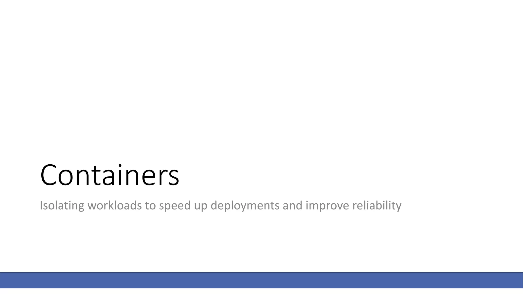 Containers
Isolating workloads to speed up deployments and improve reliability
 