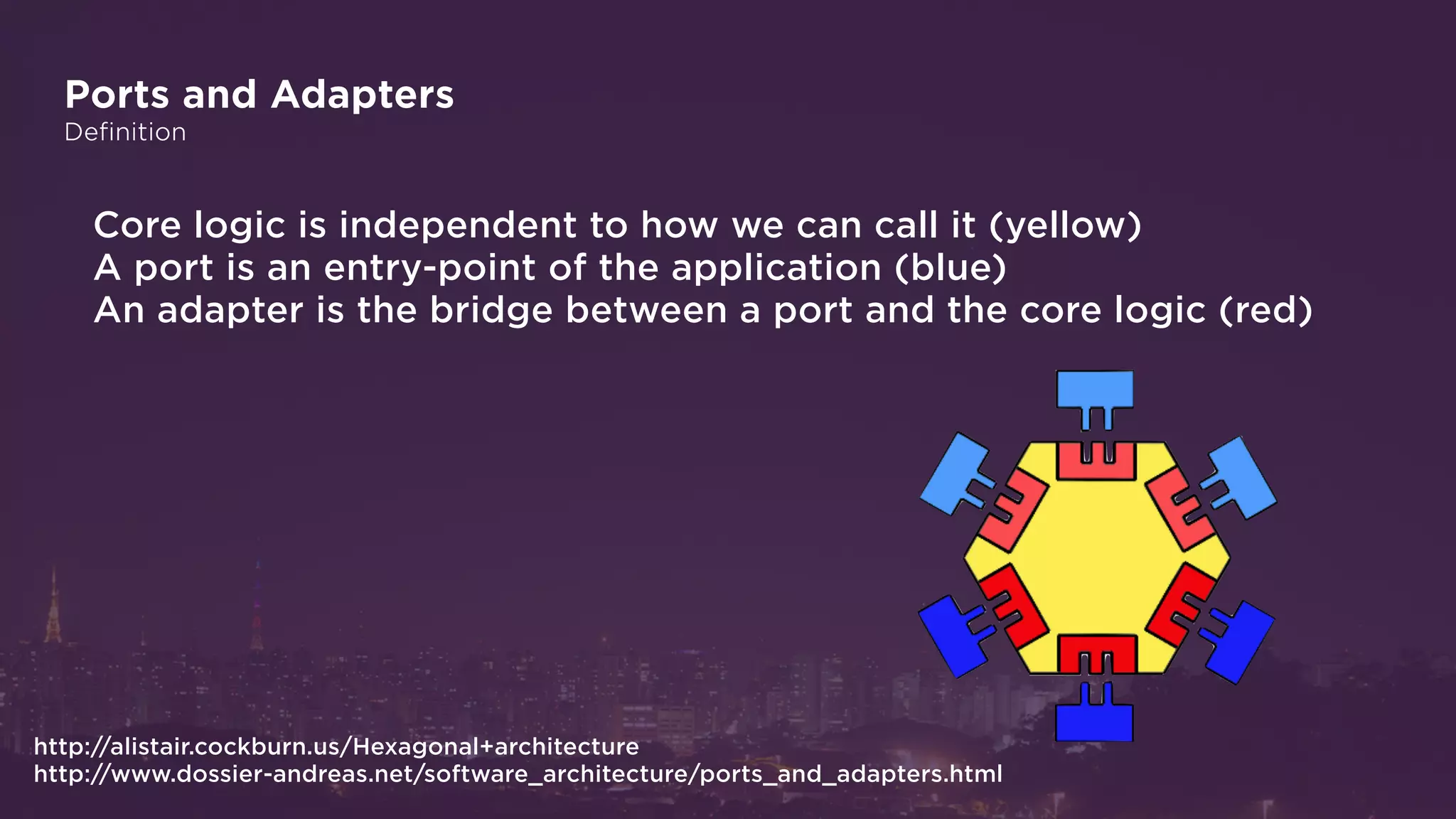 Ports and Adapters
Definition
Core logic is independent to how we can call it (yellow)
A port is an entry-point of the application (blue)
An adapter is the bridge between a port and the core logic (red)
http://www.dossier-andreas.net/software_architecture/ports_and_adapters.html
http://alistair.cockburn.us/Hexagonal+architecture
 