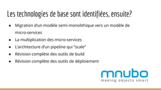 Les technologies de base sont identifiées, ensuite?
● Migration d’un modèle semi-monolithique vers un modèle de
micro-services
● La multiplication des micro-services
● L’architecture d’un pipeline qui “scale”
● Révision complète des outils de build
● Révision complète des outils de déploiement
 