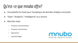 Qu’est-ce que mnubo offre?
● Une plateforme SaaS pour l’analytique de données d’objets connectés
● “Data”, “Analytics”, “Intelligence” as a service
● Marchés visés:
○ Produits consommateurs
○ Produits commerciaux
○ Agriculture
○ Industriel léger
 
