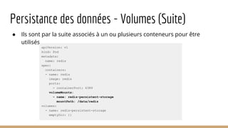 Persistance des données - Volumes (Suite)
● Ils sont par la suite associés à un ou plusieurs conteneurs pour être
utilisés.
apiVersion: v1
kind: Pod
metadata:
name: redis
spec:
containers:
- name: redis
image: redis
ports:
- containerPort: 6389
volumeMounts:
- name: redis-persistent-storage
mountPath: /data/redis
volumes:
- name: redis-persistent-storage
emptyDir: {}
 