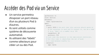 Accéder des Pod via un Service
● Un service permettra
d’exposer un port réseau
d’un ou plusieurs Pod à
d’autres.
● Ils sont utilisés comme
système de découverte
automatisé.
● Ils utilisent des “labels”
comme sélecteurs pour
cibler un ou des Pod.
apiVersion: v1
kind: Service
metadata:
name: nginx-service
spec:
ports:
- port: 8000 # the port that this service should serve on
# the container on each pod to connect to, can be a name
# (e.g. 'www') or a number (e.g. 80)
targetPort: 80
protocol: TCP
# just like the selector in the replication controller,
# but this time it identifies the set of pods
# to load balance traffic to.
selector:
app: nginx
 