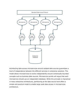 Architecting data access microservices around isolated data sources guarantees a
level of independence between the different services in enterprise solutions. This
model allows microservices to evolve independently around contextually bounded
concepts such as business data sources. Microservice purists will argue that each
microservice should use an independent database. While this principle is impractical
in many enterprise architectures, partitioning at the data source level offers a
simple and practical model to enable large scale data access in microservices
architecture.
 