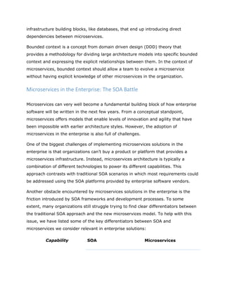 infrastructure building blocks, like databases, that end up introducing direct
dependencies between microservices.
Bounded context is a concept from domain driven design (DDD) theory that
provides a methodology for dividing large architecture models into specific bounded
context and expressing the explicit relationships between them. In the context of
microservices, bounded context should allow a team to evolve a microservice
without having explicit knowledge of other microservices in the organization.
Microservices in the Enterprise: The SOA Battle
Microservices can very well become a fundamental building block of how enterprise
software will be written in the next few years. From a conceptual standpoint,
microservices offers models that enable levels of innovation and agility that have
been impossible with earlier architecture styles. However, the adoption of
microservices in the enterprise is also full of challenges.
One of the biggest challenges of implementing microservices solutions in the
enterprise is that organizations can’t buy a product or platform that provides a
microservices infrastructure. Instead, microservices architecture is typically a
combination of different technologies to power its different capabilities. This
approach contrasts with traditional SOA scenarios in which most requirements could
be addressed using the SOA platforms provided by enterprise software vendors.
Another obstacle encountered by microservices solutions in the enterprise is the
friction introduced by SOA frameworks and development processes. To some
extent, many organizations still struggle trying to find clear differentiators between
the traditional SOA approach and the new microservices model. To help with this
issue, we have listed some of the key differentiators between SOA and
microservices we consider relevant in enterprise solutions:
Capability SOA Microservices
 