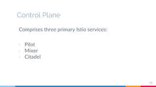 Control Plane
Comprises three primary Istio services:
▷ Pilot
▷ Mixer
▷ Citadel
18
 