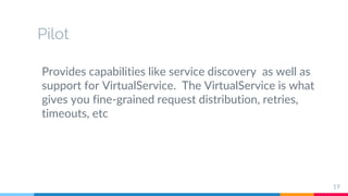 Pilot
Provides capabilities like service discovery as well as
support for VirtualService. The VirtualService is what
gives you fine-grained request distribution, retries,
timeouts, etc
19
 