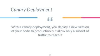 “With a canary deployment, you deploy a new version
of your code to production but allow only a subset of
traffic to reach it
23
Canary Deployment
 