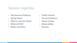 Session Agenda
- Microservices Patterns;
- Spring Cloud;
- What is a Service Mesh?
- What is ISTIO?
- Before and After;
3
- Traffic Control;
- Service Resilience;
- Chaos Testing;
- Observability;
- Security.
 