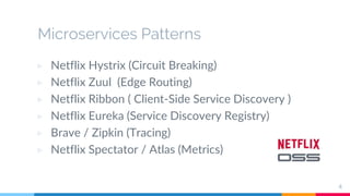 Microservices Patterns
▷ Netflix Hystrix (Circuit Breaking)
▷ Netflix Zuul (Edge Routing)
▷ Netflix Ribbon ( Client-Side Service Discovery )
▷ Netflix Eureka (Service Discovery Registry)
▷ Brave / Zipkin (Tracing)
▷ Netflix Spectator / Atlas (Metrics)
4
 