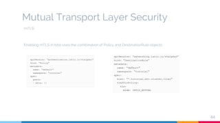 Mutual Transport Layer Security
44
Enabling mTLS in Istio uses the combination of Policy and DestinationRule objects
(mTLS)
 