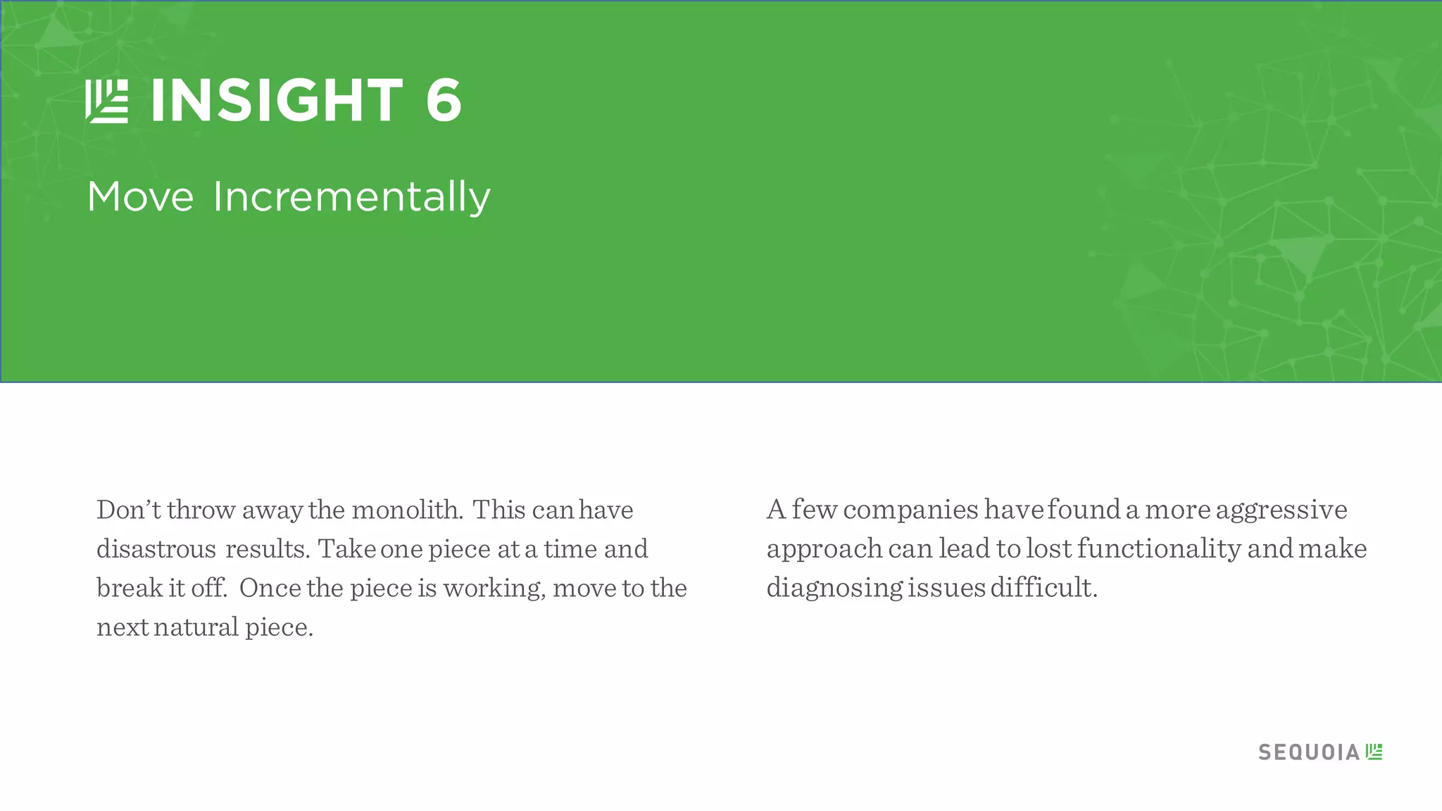 INSIGHT 4
Teams should have bounded context and systems should follow
the ordinary flow of business. Melvin Conway first came up
with this principle in 1967 and it holds true today. Whenyour
services are notdirectly mapped,it makestroubleshooting or
re-architecting in the future far more difficult.
Microservices should map to
business processes Organizations which
design systems…are
constrained toproduce
designs which are copies
of thecommunication
structures ofthese
organizations.
Melvin G. Conway – 1967
 