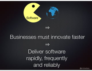 @crichardson
Businesses must innovate faster
Software
Deliver software
rapidly, frequently
and reliably
 