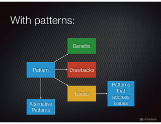 @crichardson
With patterns:
Pattern
Beneﬁts
Drawbacks
Issues
Alternative
Patterns
Patterns
that
address
issues
 
