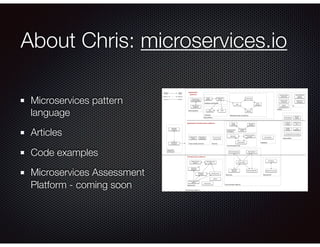 About Chris: microservices.io
Microservices pattern
language
Articles
Code examples
Microservices Assessment
Platform - coming soon
 
