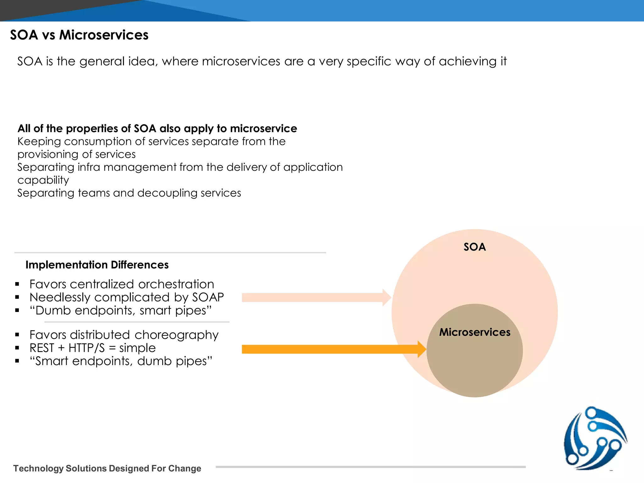 Technology Solutions Designed For Change SOA vs Microservices SOA is the general idea, where microservices are a very specific way of achieving it SOA Microservices All of the properties of SOA also apply to microservice Keeping consumption of services separate from the provisioning of services Separating infra management from the delivery of application capability Separating teams and decoupling services ▪ Favors centralized orchestration ▪ Needlessly complicated by SOAP ▪ “Dumb endpoints, smart pipes” ▪ Favors distributed choreography ▪ REST + HTTP/S = simple ▪ “Smart endpoints, dumb pipes” Implementation Differences 