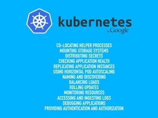 CO-LOCATING HELPER PROCESSES
MOUNTING STORAGE SYSTEMS
DISTRIBUTING SECRETS
CHECKING APPLICATION HEALTH
REPLICATING APPLICATION INSTANCES
USING HORIZONTAL POD AUTOSCALING
NAMING AND DISCOVERING
BALANCING LOADS
ROLLING UPDATES
MONITORING RESOURCES
ACCESSING AND INGESTING LOGS
DEBUGGING APPLICATIONS
PROVIDING AUTHENTICATION AND AUTHORIZATION
 