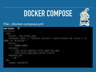 version: '3'
services:
web:
build: ./my_local_app
command: bash -c "bundle install --path=/cache && rails s -p
3000 -b '0.0.0.0'"
ports:
- "4000:3000"
volumes:
- ./my_local_app/my_rails_app:/my_app
- ./my_local_app/gem_cache:/cache
depends_on:
- db
db:
image: postgres
DOCKER COMPOSE
File: ./docker-compose.yml
 